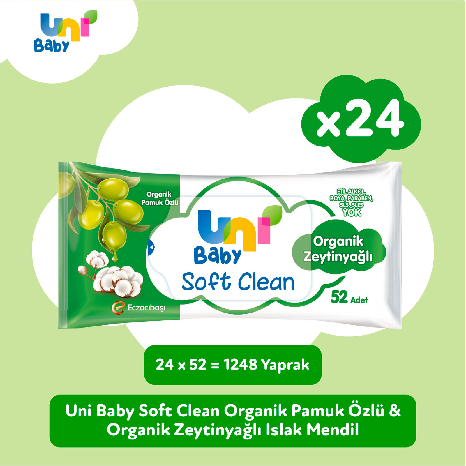Soft Clean Organik Pamuk Özlü & Organik Zeytinyağlı Islak Mendil 24x52 Adet