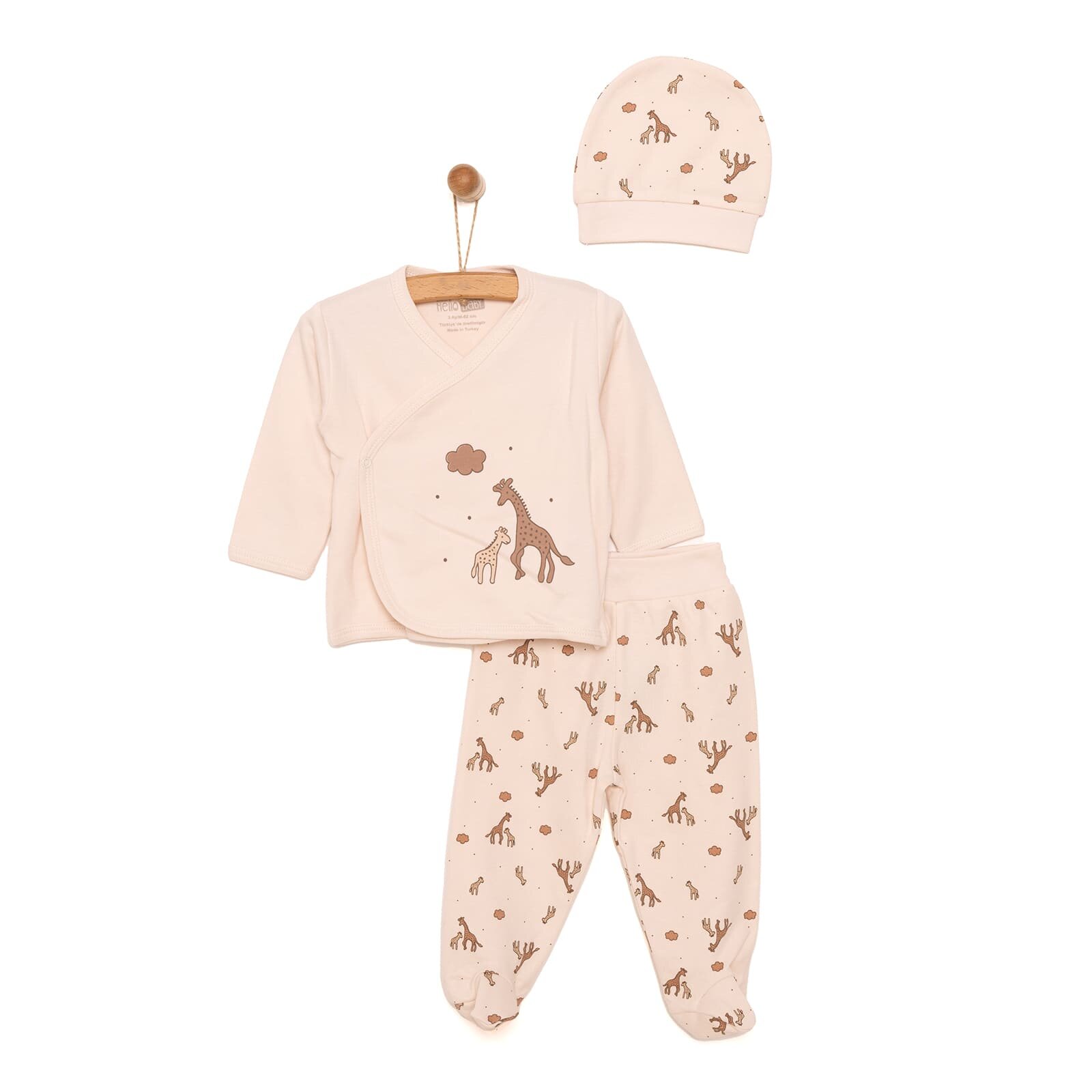 Unisex Yenidoğan Zıbın Şapka Patikli Alt Çıtçıtlı Zarf Yaka Uzun Kol Ekru