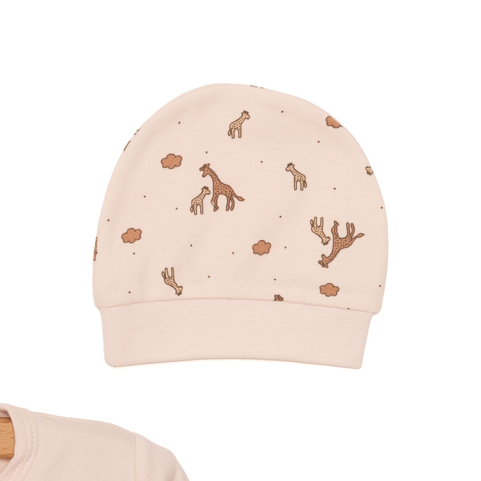 Unisex Yenidoğan Zıbın Şapka Patikli Alt Çıtçıtlı Zarf Yaka Uzun Kol Ekru