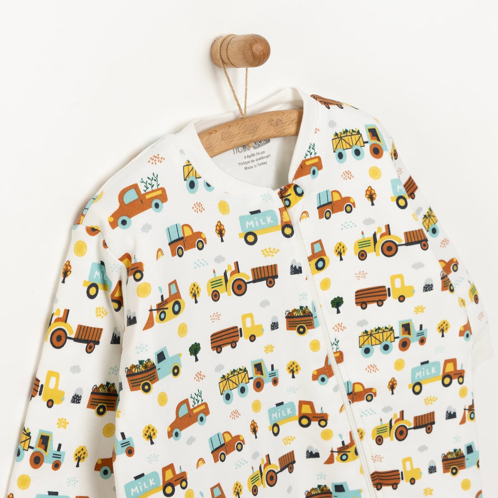 Erkek Bebek Uyku Tulum Araba Desenli İnterlok Fermuarlı 2 Tog Bisiklet Yaka Uzun Kol Bej