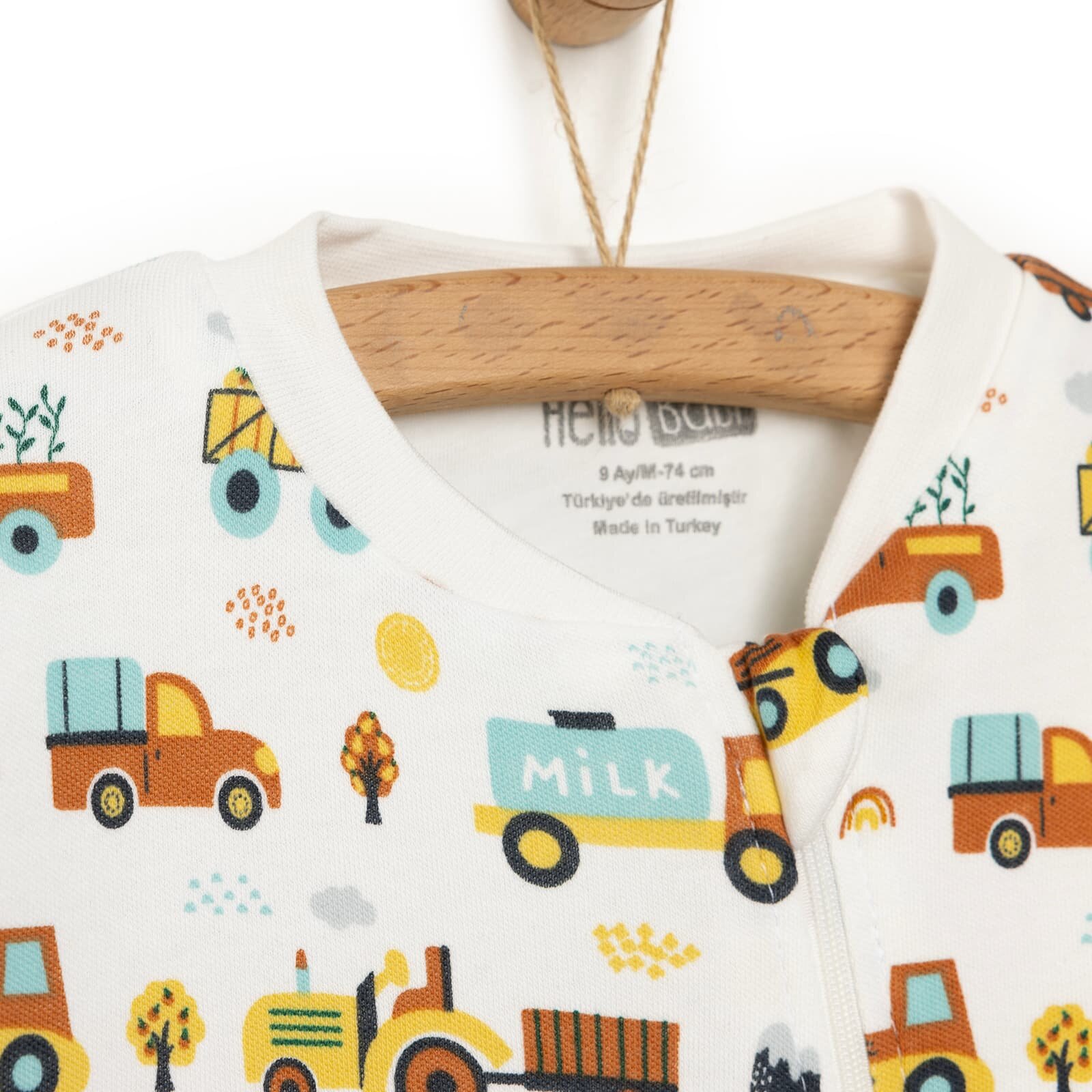 Erkek Bebek Uyku Tulum Araba Desenli İnterlok Fermuarlı 2 Tog Bisiklet Yaka Uzun Kol Bej