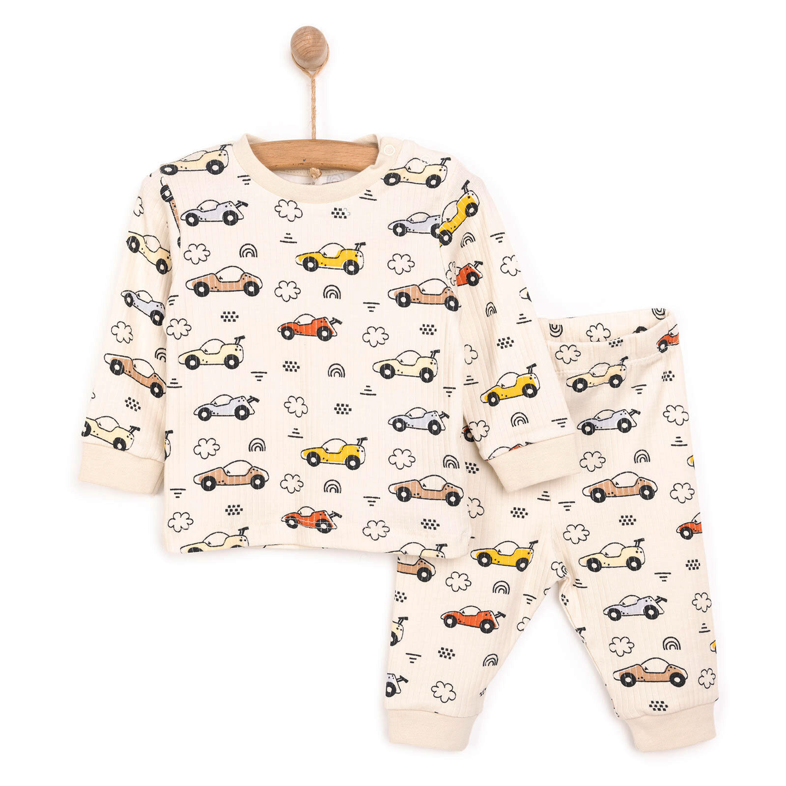 Uzun Kol Kaşkorse Araba Desenli Bisiklet Yaka Pijama Takımı