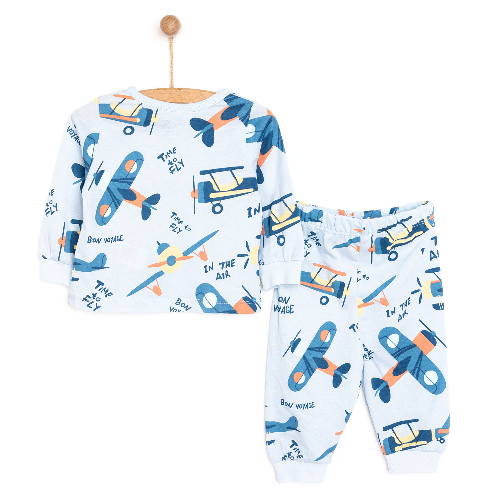 Uzun Kol Uçak Desenli Bisiklet Yaka Pijama Takımı