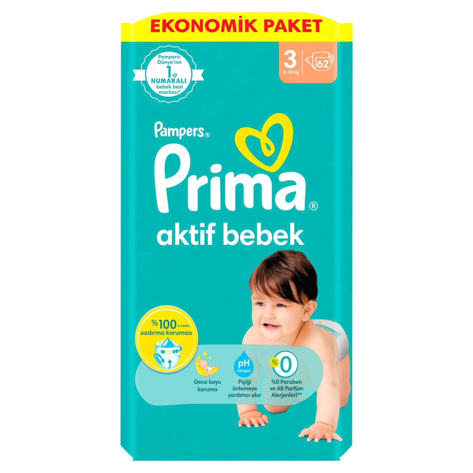 Bebek Bezi Aktif Bebek 3 Beden Midi Ekonomik Paket 6-10 kg 62 Adet