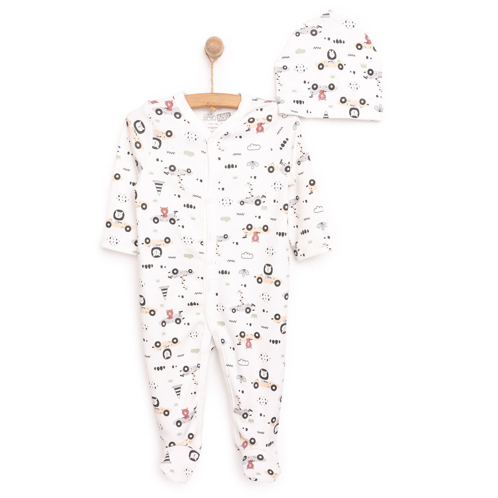 Yenidoğan Araçlar Baskılı Erkek Tulum-Şapka Erkek Bebek