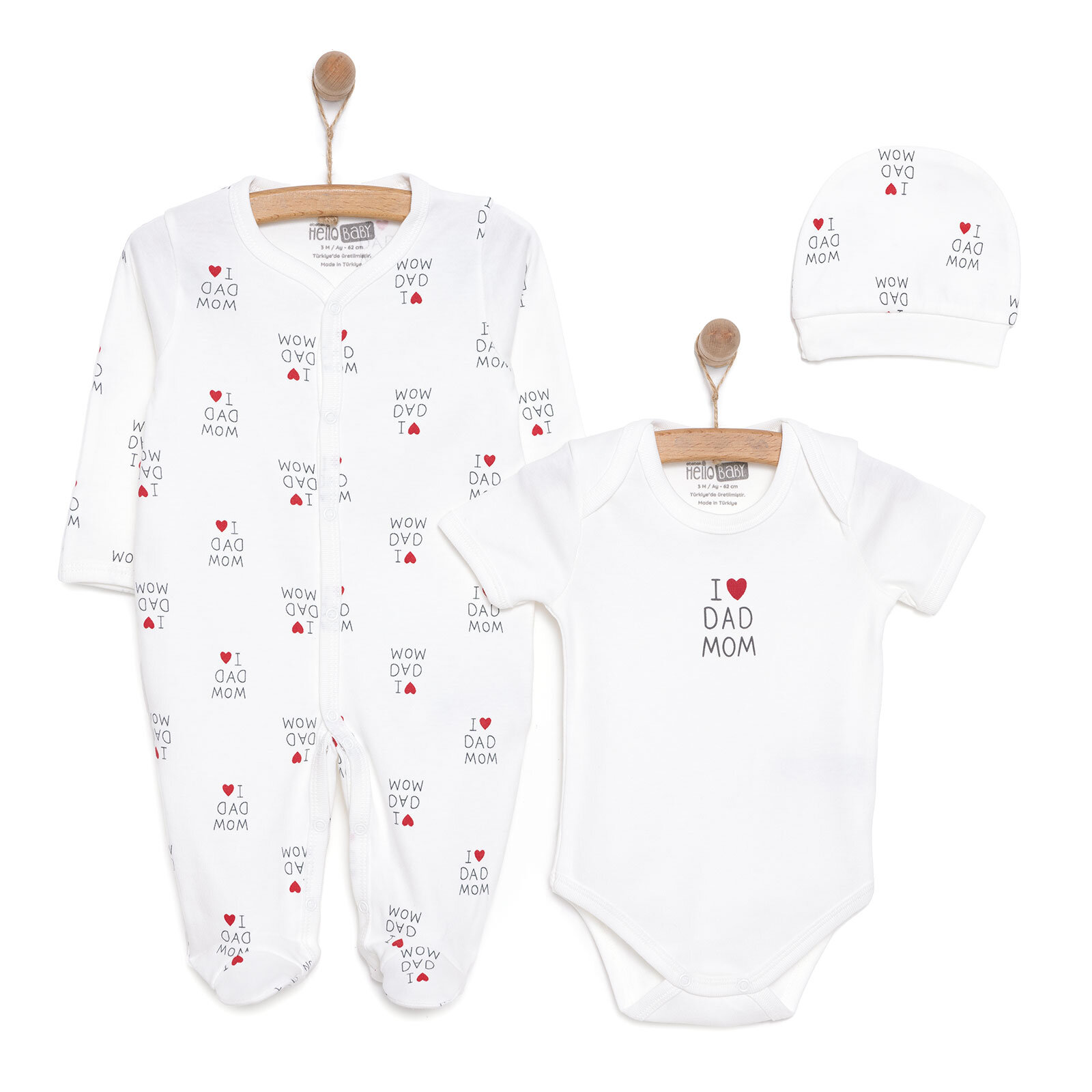 Unisex Yenidoğan Tulum Body Şapka 3'lü Set %100 Pamuk Çıtçıtlı Yaka Uzun Kol Ekru