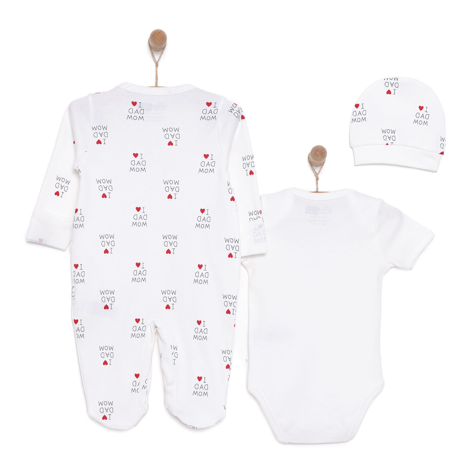 Unisex Yenidoğan Tulum Body Şapka 3'lü Set %100 Pamuk Çıtçıtlı Yaka Uzun Kol Ekru