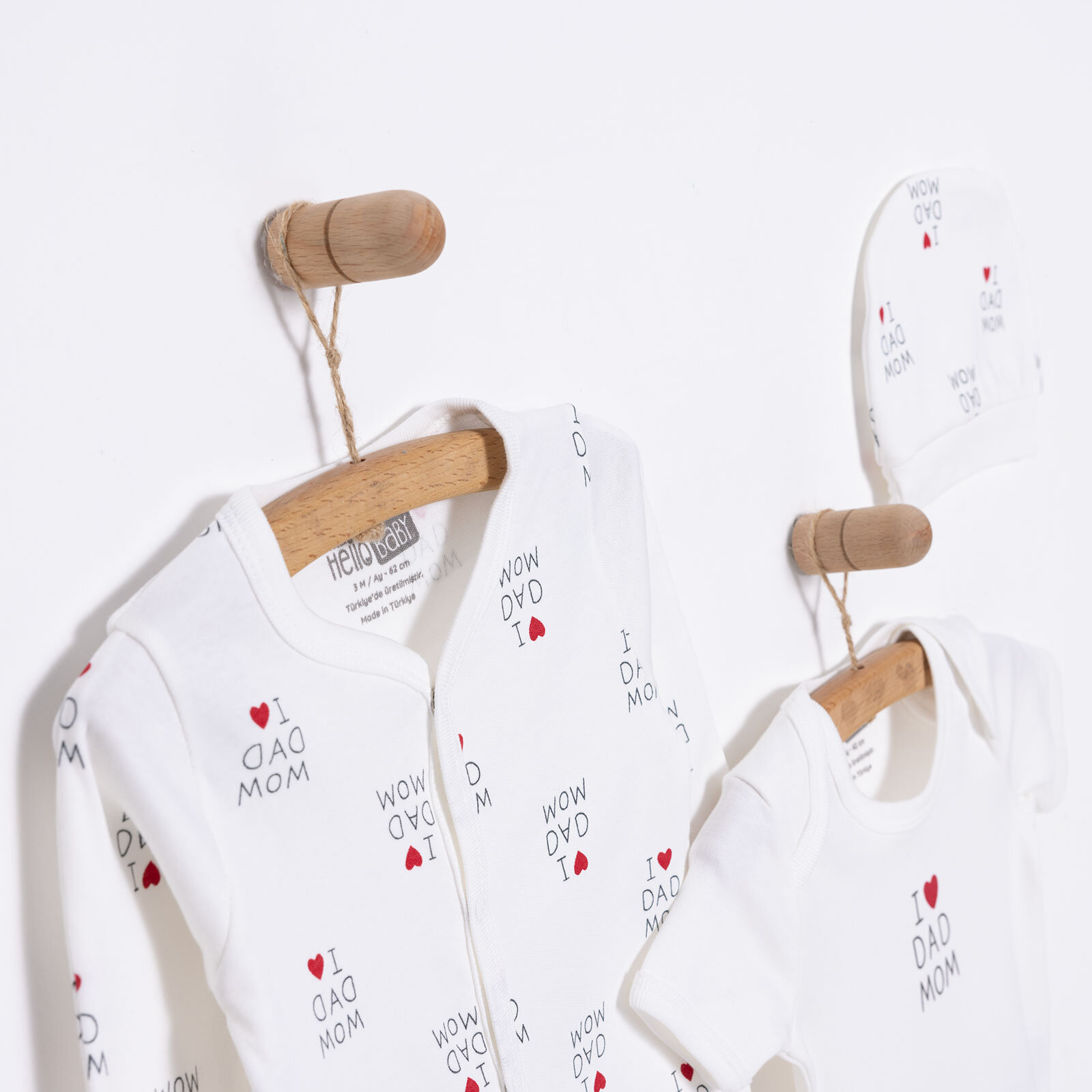 Unisex Yenidoğan Tulum Body Şapka 3'lü Set %100 Pamuk Çıtçıtlı Yaka Uzun Kol Ekru