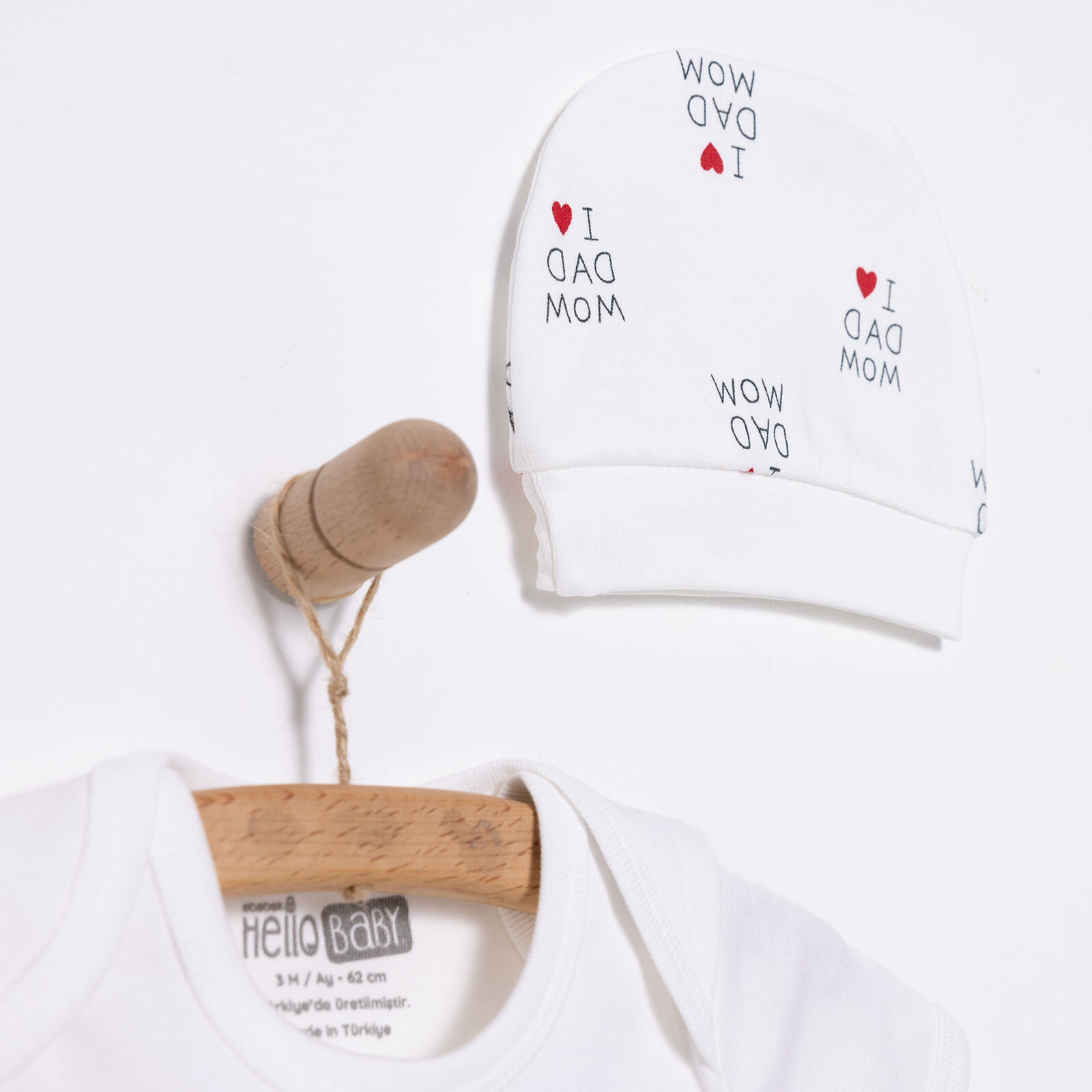 Unisex Yenidoğan Tulum Body Şapka 3'lü Set %100 Pamuk Çıtçıtlı Yaka Uzun Kol Ekru