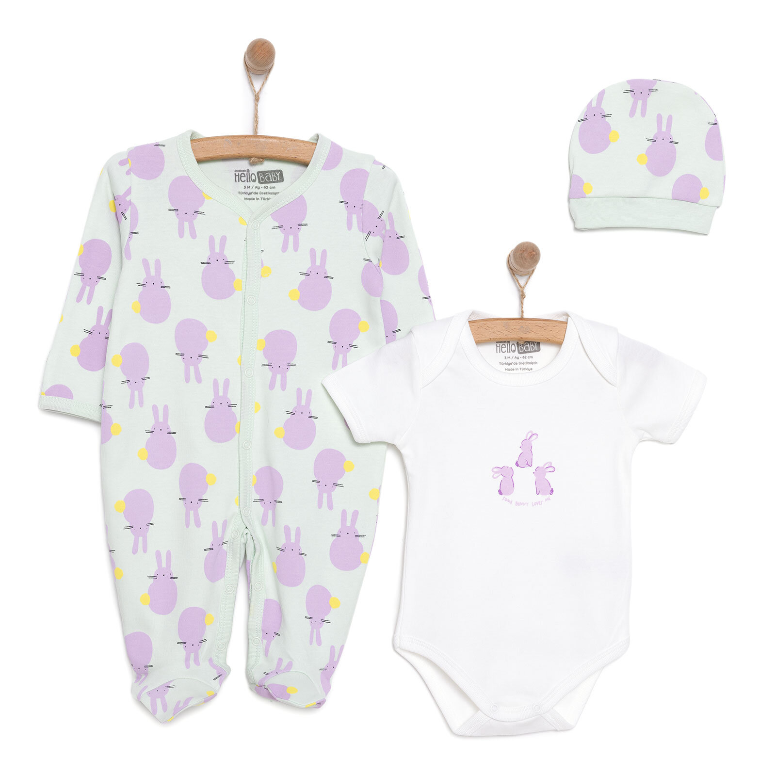 Yenidoğan Bebek Mor TavşanTulum-Body-Şapka 3lü Set Unisex Yenidoğan Bebek Mor TavşanTulum-Body-Şapka 3lü Set Unisex