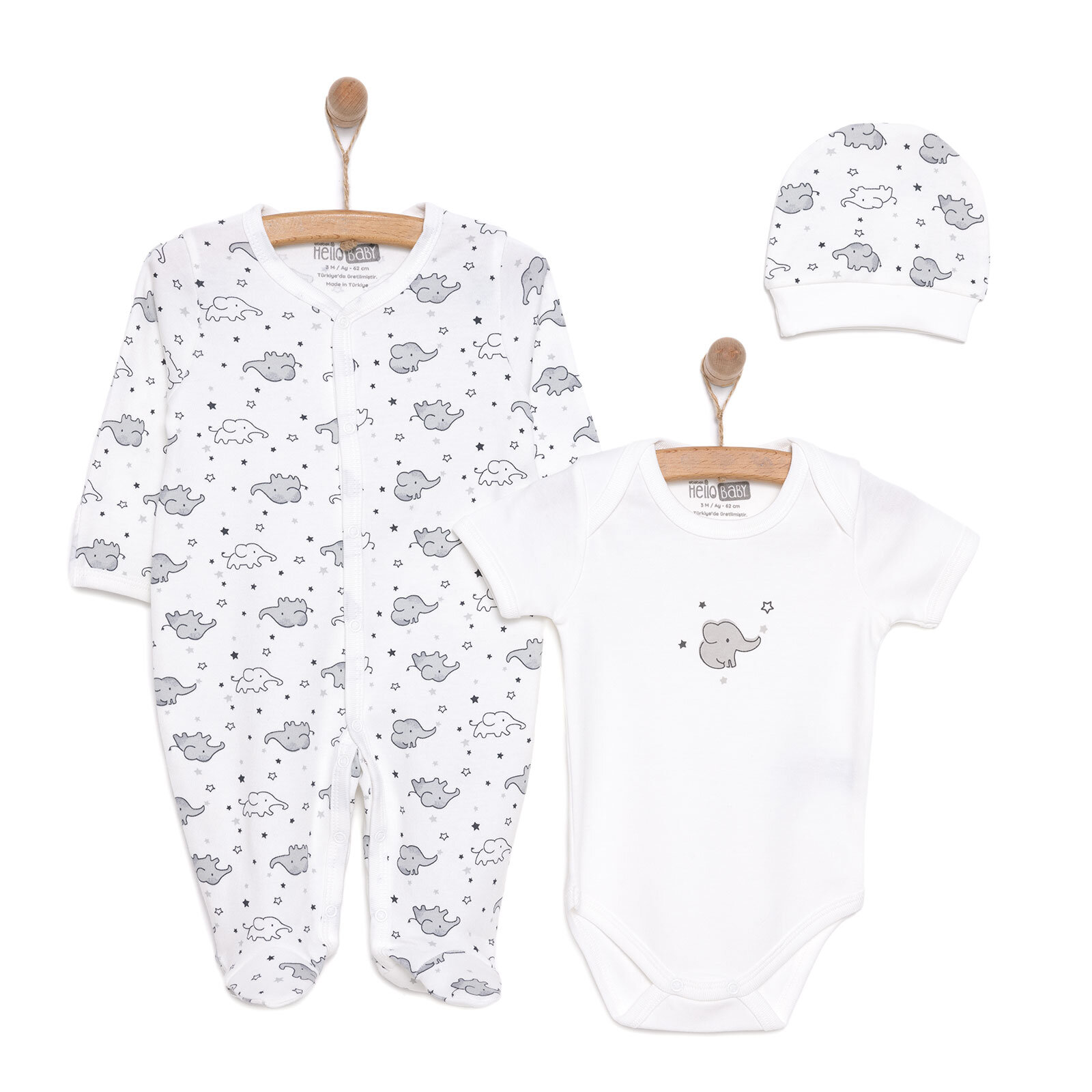 Yenidoğan Bebek Sevimli Fil Kendinden Eldivenli Tulum-Body- Şapka 3lü Set Unisex