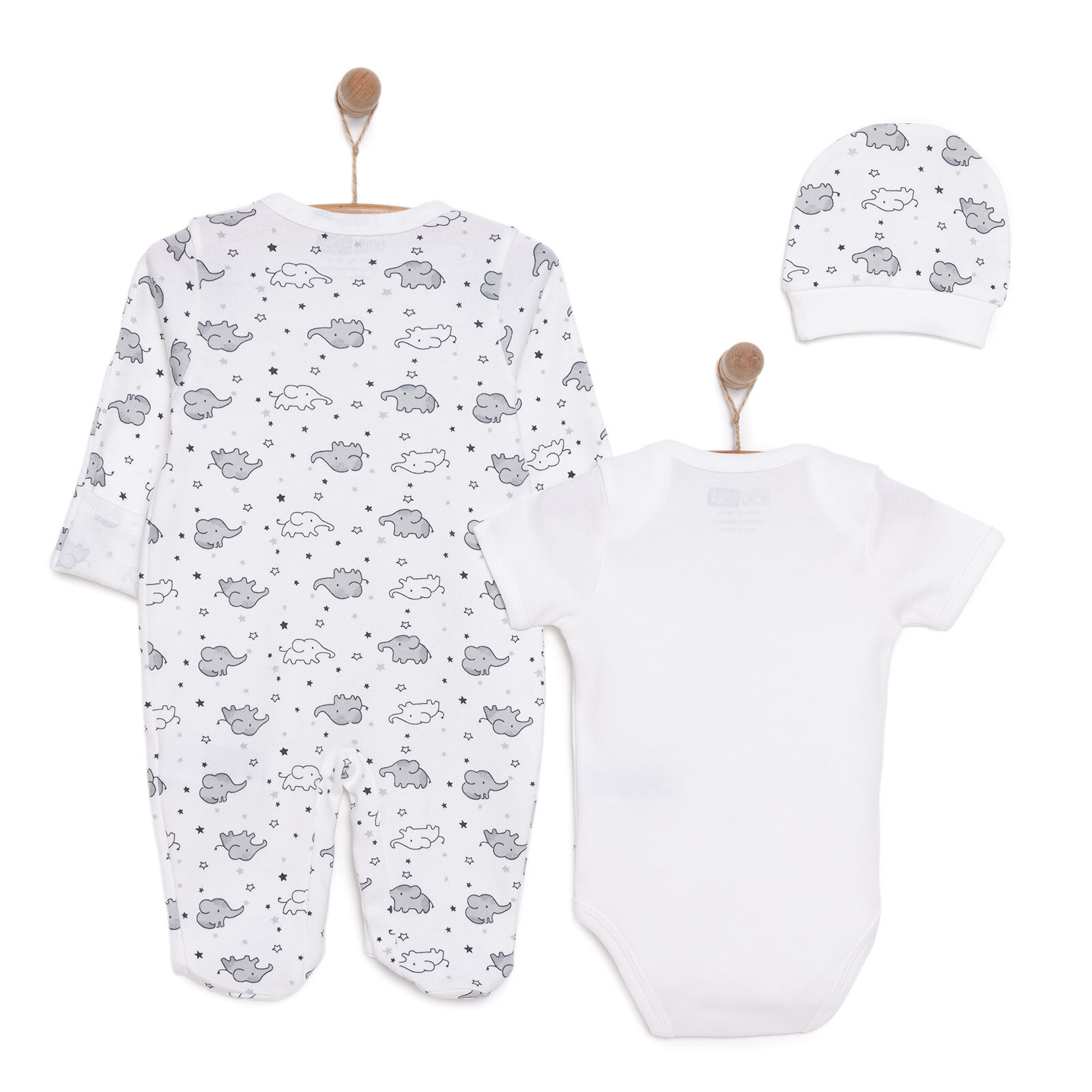 Yenidoğan Bebek Sevimli Fil Kendinden Eldivenli Tulum-Body- Şapka 3lü Set Unisex