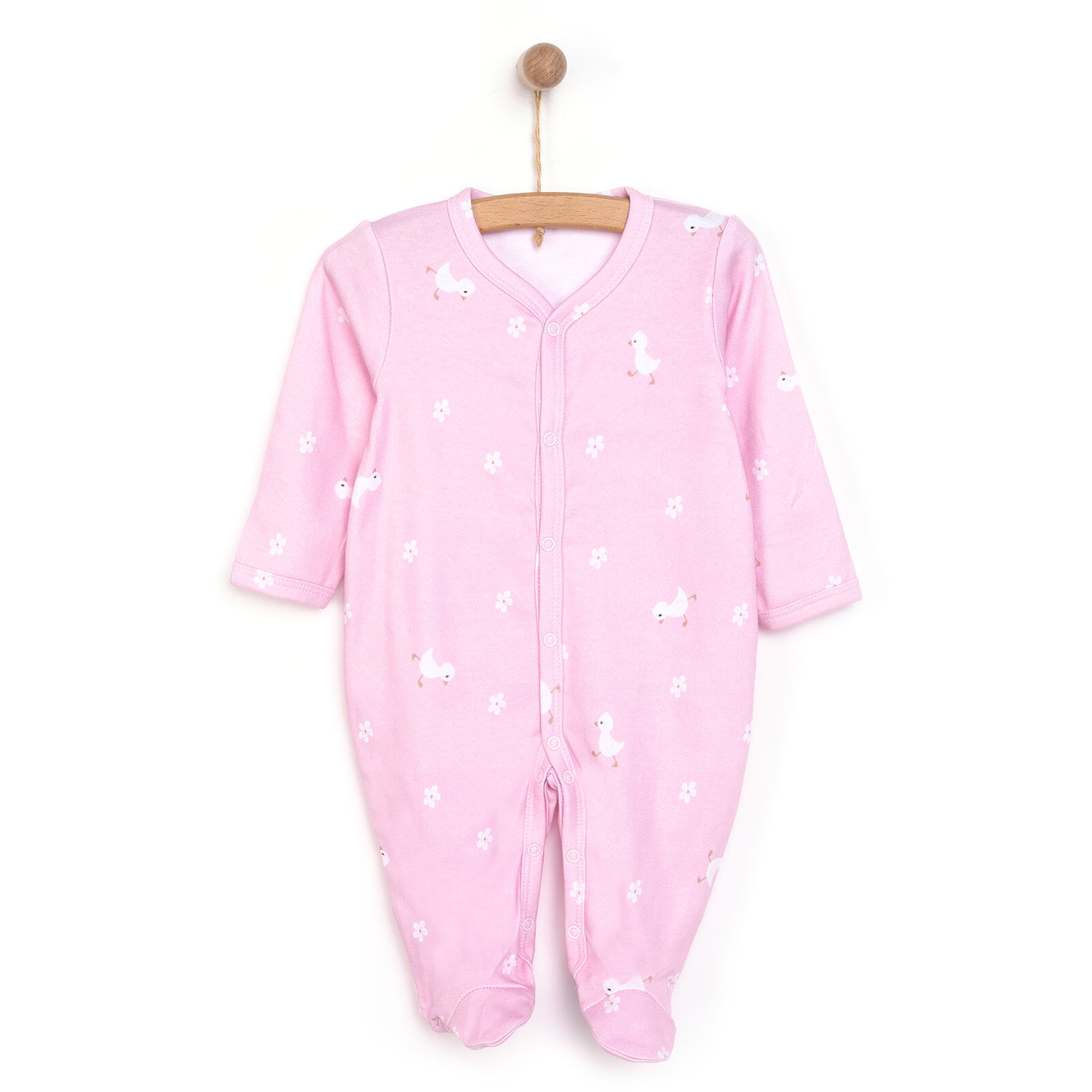 Kız Bebek Yenidoğan Tulum Şapka %100 Pamuk Çiçek Baskılı Çıtçıtlı Uzun Kol Patikli Pembe