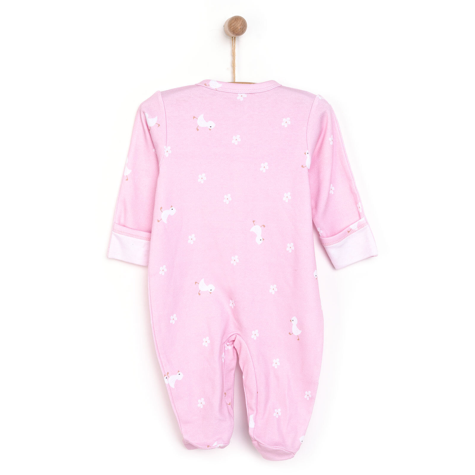 Kız Bebek Yenidoğan Tulum Şapka %100 Pamuk Çiçek Baskılı Çıtçıtlı Uzun Kol Patikli Pembe