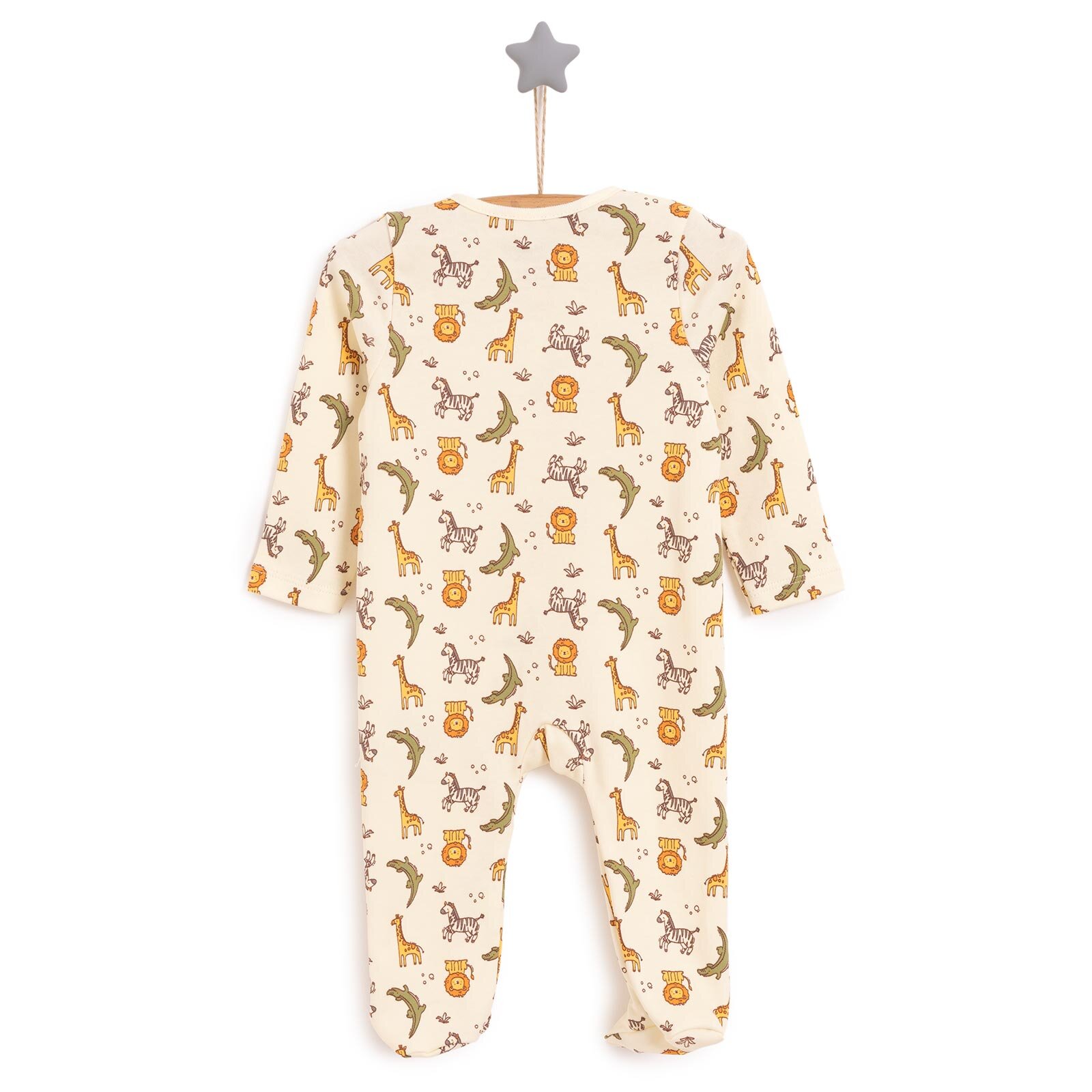 Erkek Bebek Yenidoğan Patikli Tulum %100 Pamuk Fermuarlı Hayvan Desenli Bej