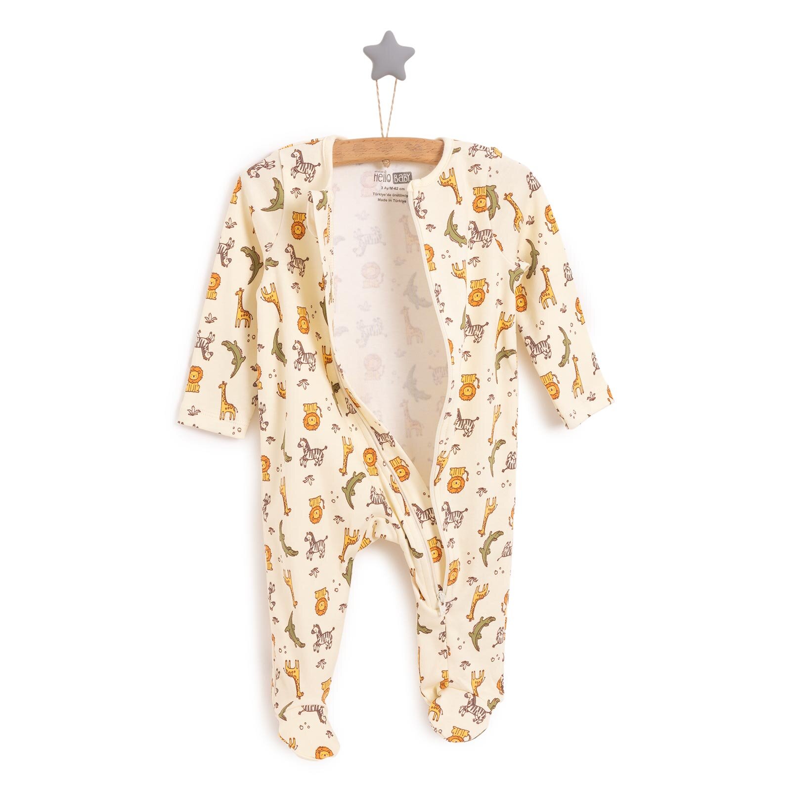 Erkek Bebek Yenidoğan Patikli Tulum %100 Pamuk Fermuarlı Hayvan Desenli Bej