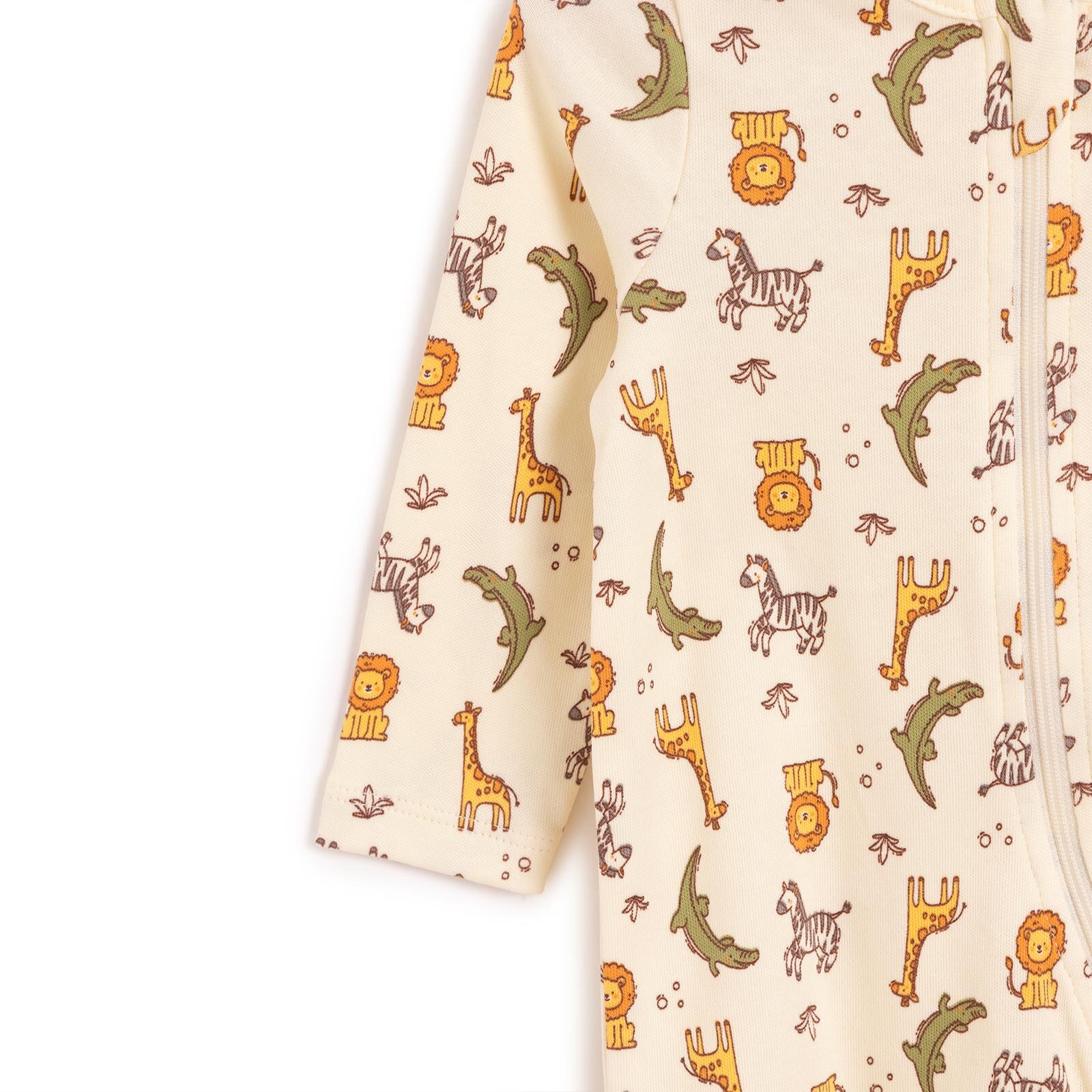 Erkek Bebek Yenidoğan Patikli Tulum %100 Pamuk Fermuarlı Hayvan Desenli Bej