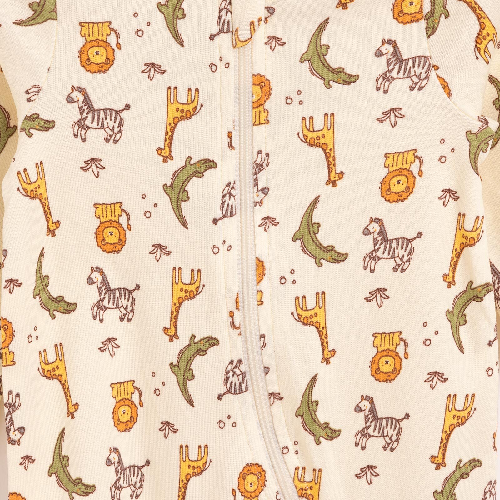 Erkek Bebek Yenidoğan Patikli Tulum %100 Pamuk Fermuarlı Hayvan Desenli Bej