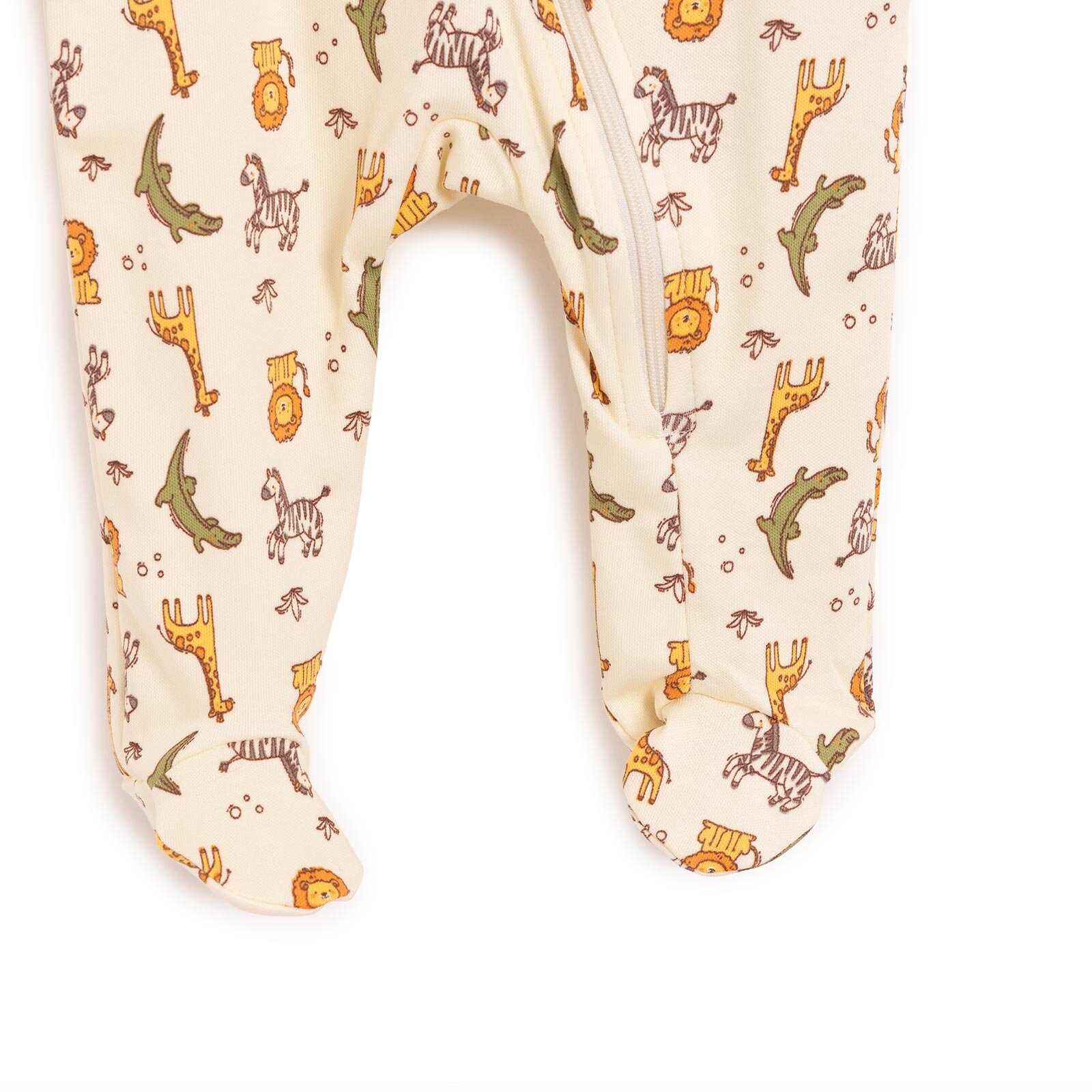 Erkek Bebek Yenidoğan Patikli Tulum %100 Pamuk Fermuarlı Hayvan Desenli Bej