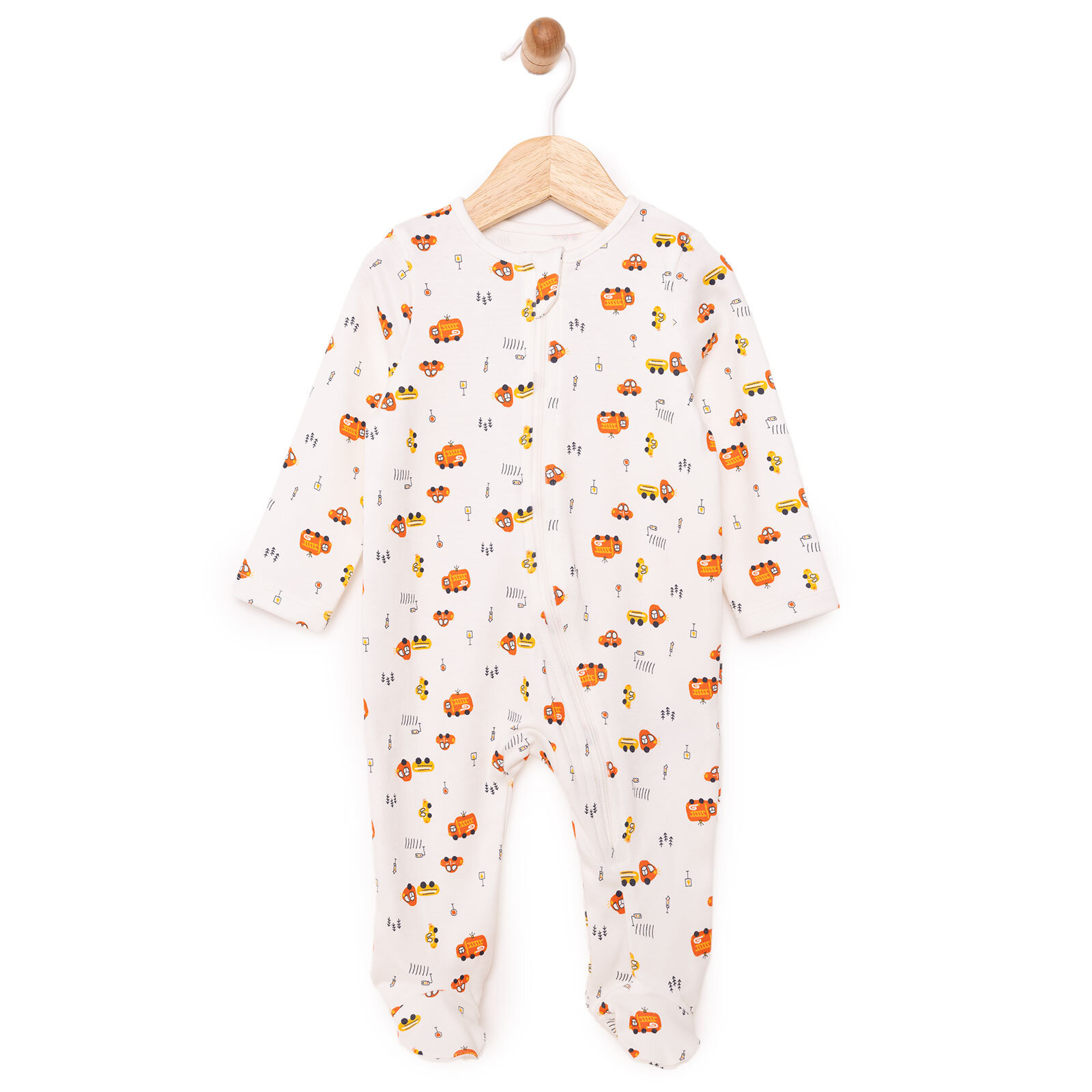 Erkek Bebek Yenidoğan Patikli Tulum %100 Pamuk Fermuarlı Bisiklet Yaka Uzun Kol Ekru