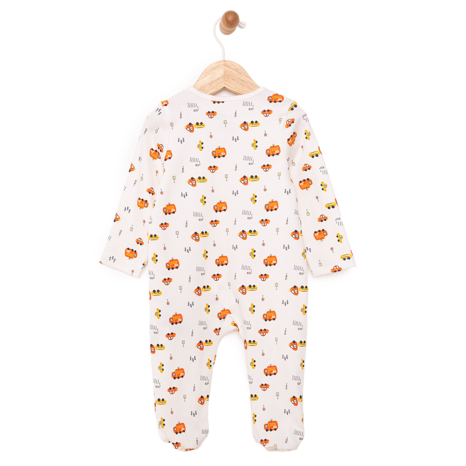 Erkek Bebek Yenidoğan Patikli Tulum %100 Pamuk Fermuarlı Bisiklet Yaka Uzun Kol Ekru