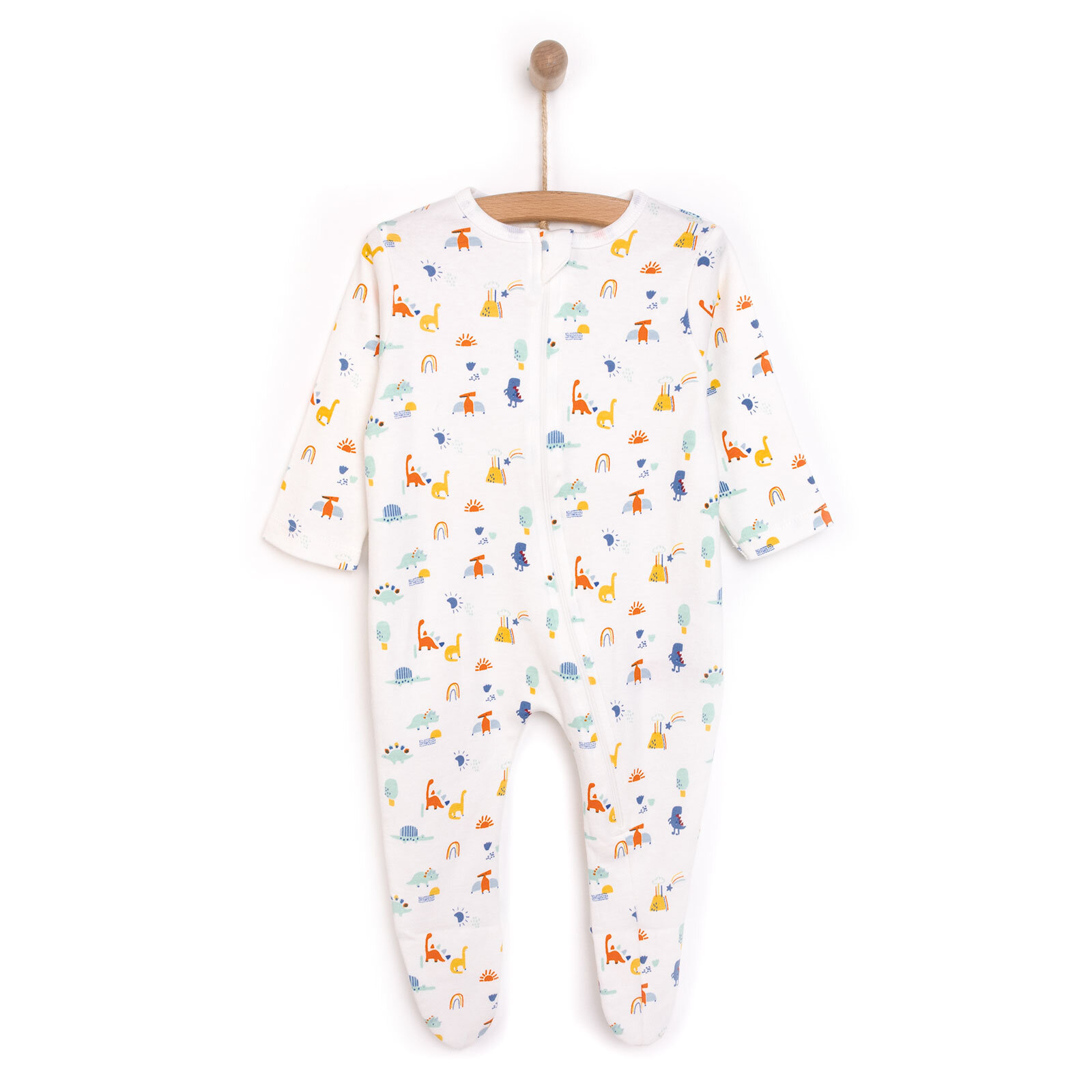 Erkek Bebek Yenidoğan Patikli Tulum %100 Pamuk Fermuarlı Hayvan Desenli Bisiklet Yaka Uzun Kol Ekru