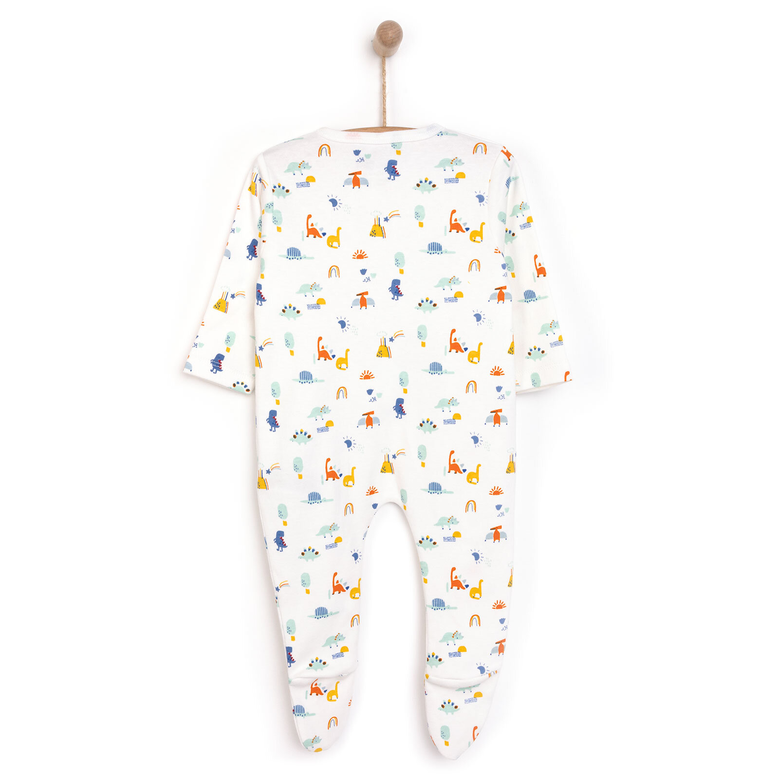 Erkek Bebek Yenidoğan Patikli Tulum %100 Pamuk Fermuarlı Hayvan Desenli Bisiklet Yaka Uzun Kol Ekru