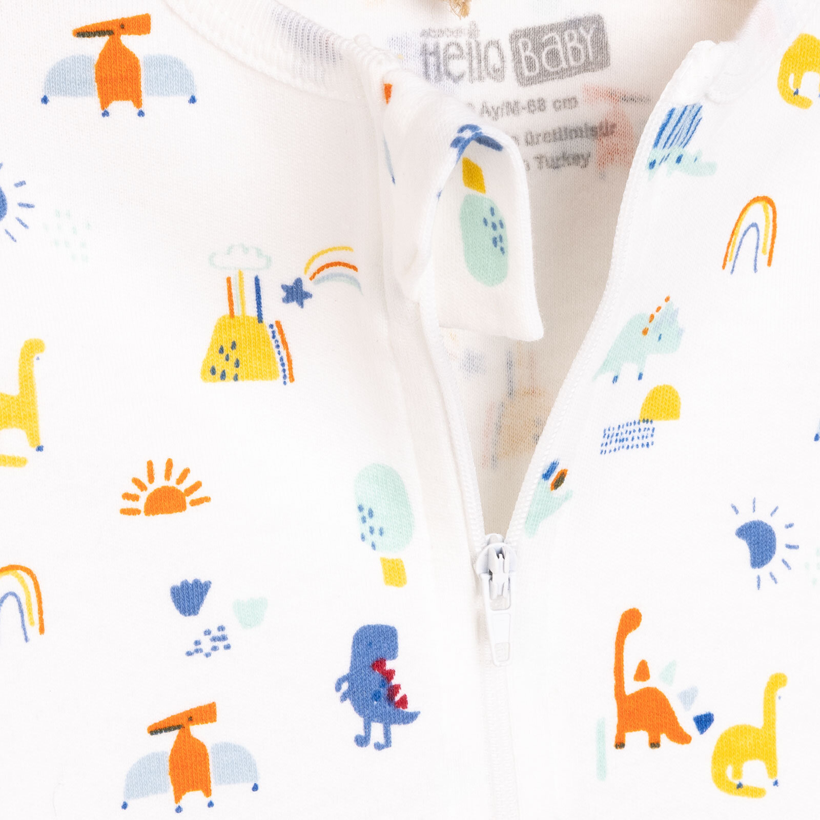 Erkek Bebek Yenidoğan Patikli Tulum %100 Pamuk Fermuarlı Hayvan Desenli Bisiklet Yaka Uzun Kol Ekru