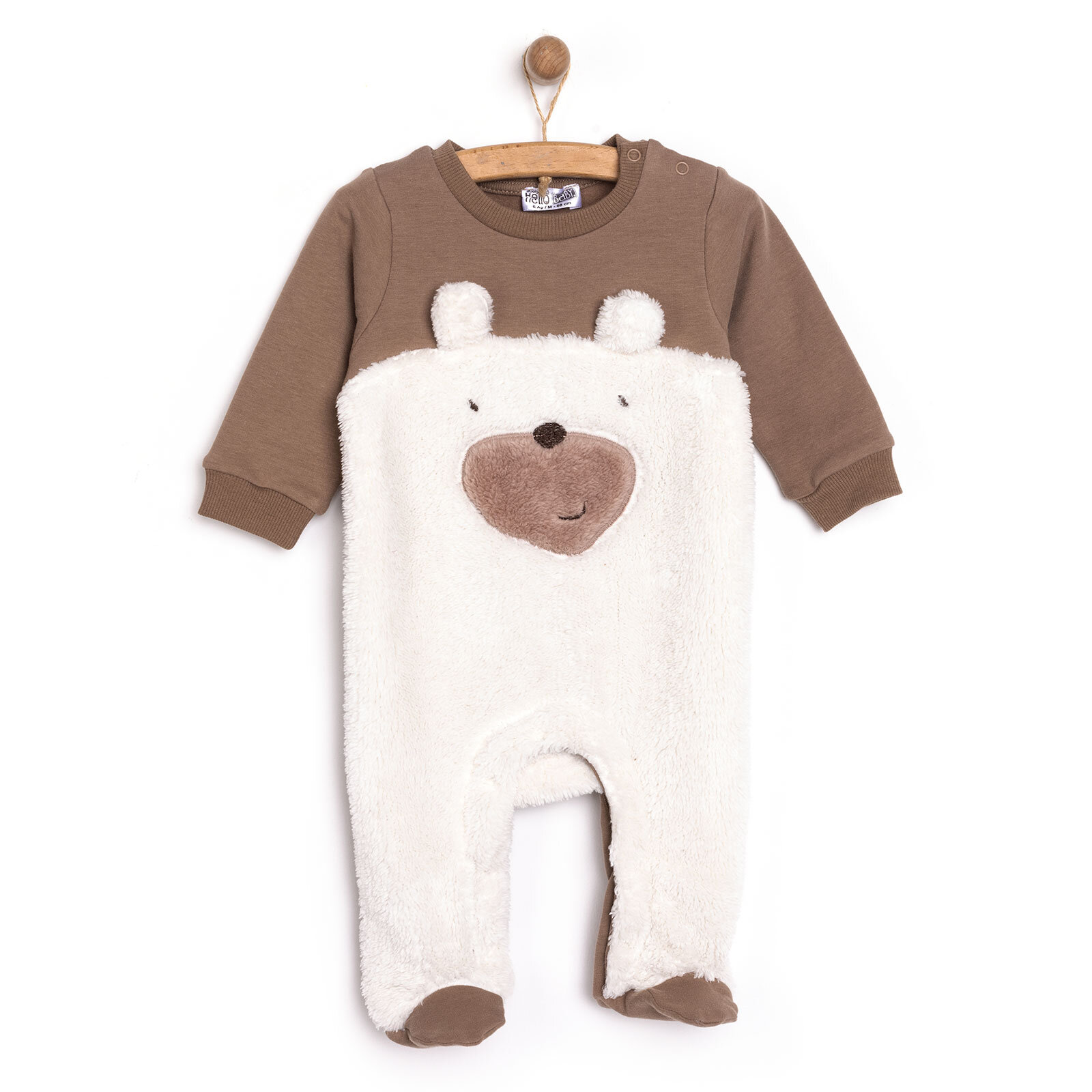 Unisex Yenidoğan Patikli Tulum İki İplik Ayı Fügürlü Peluş Çıtçıtlı Bisiklet Yaka Uzun Kol