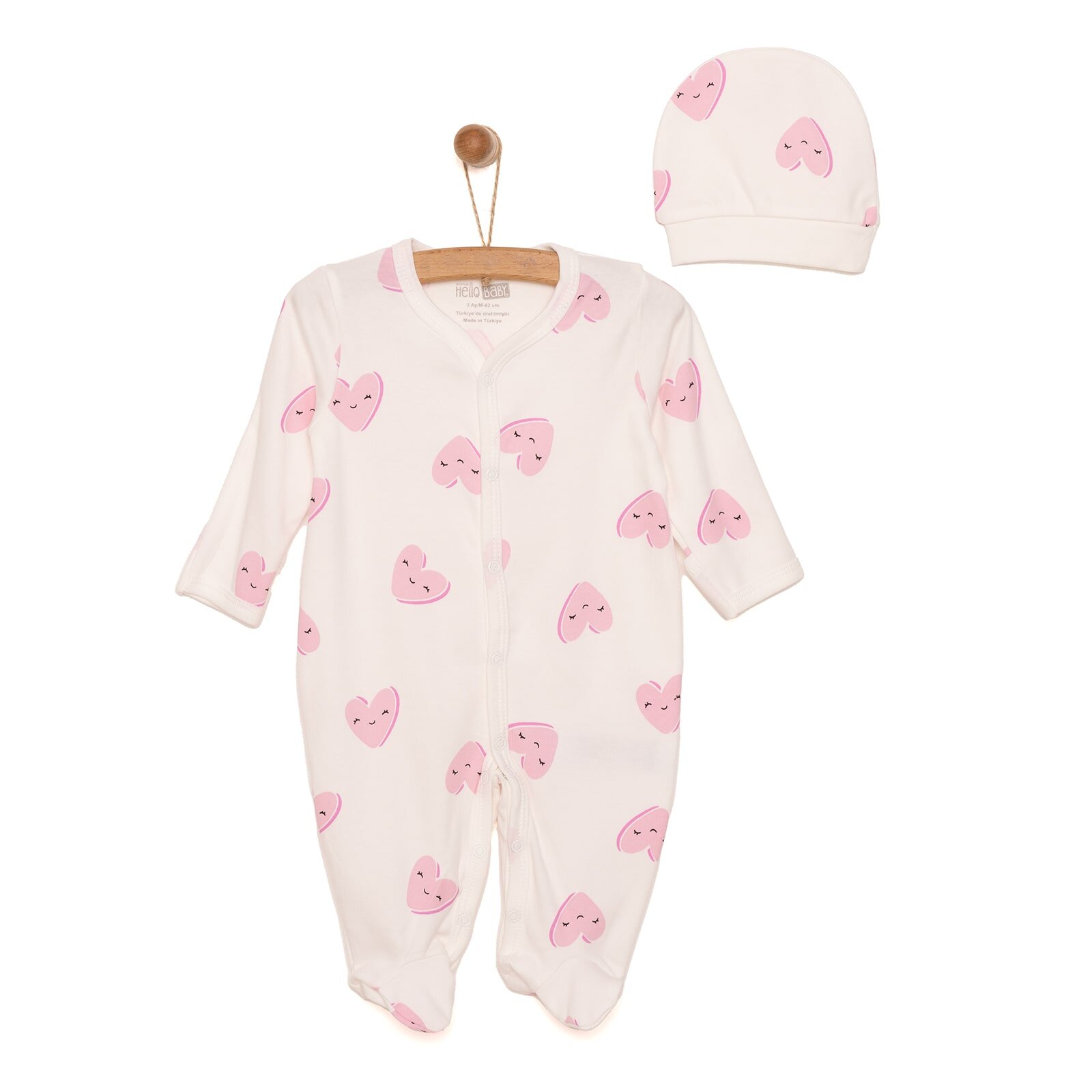 Yenidoğan Kalp Baskılı Kız Tulum-Şapka Kız Bebek Yenidoğan Kalp Baskılı Kız Tulum-Şapka Kız Bebek