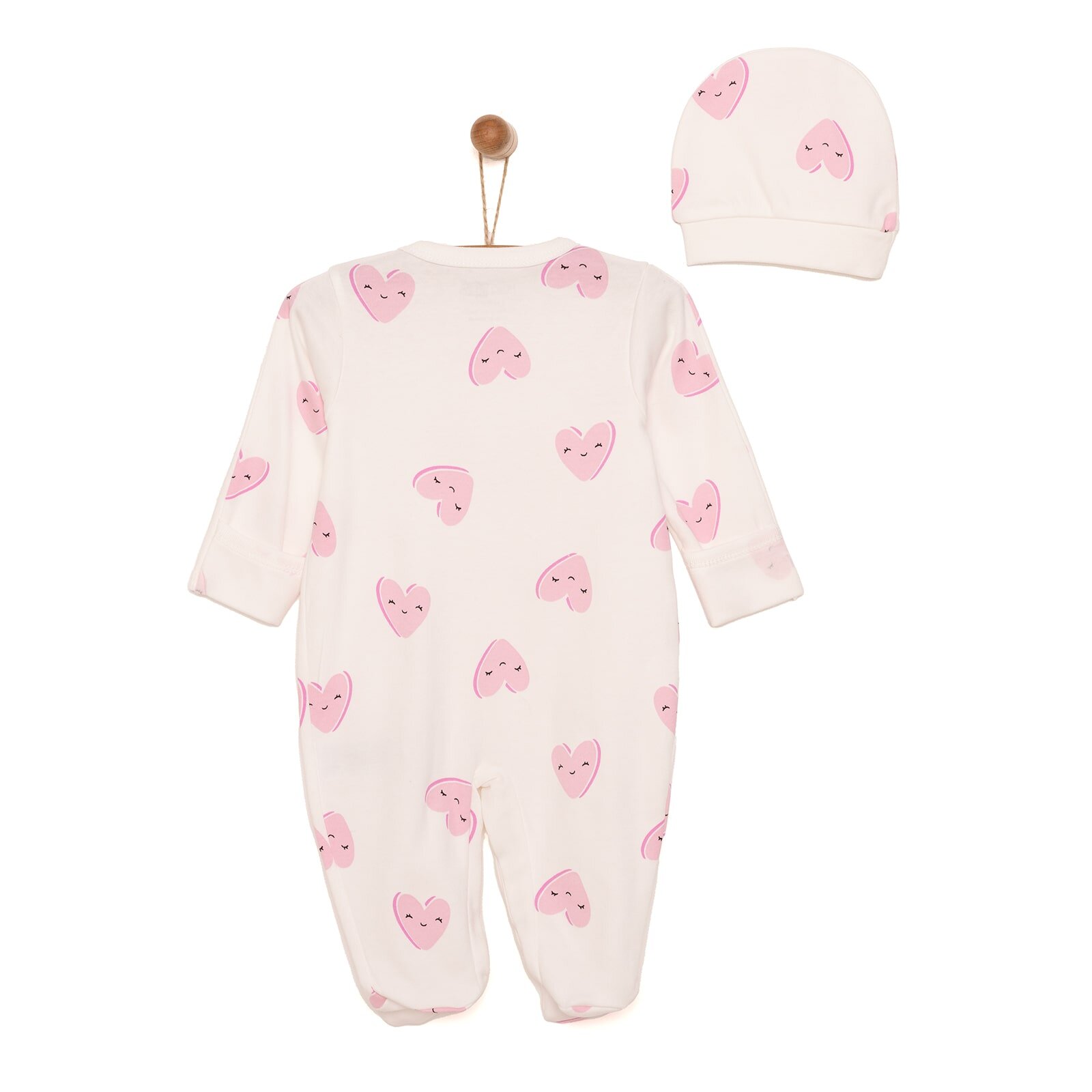 Yenidoğan Kalp Baskılı Kız Tulum-Şapka Kız Bebek Yenidoğan Kalp Baskılı Kız Tulum-Şapka Kız Bebek