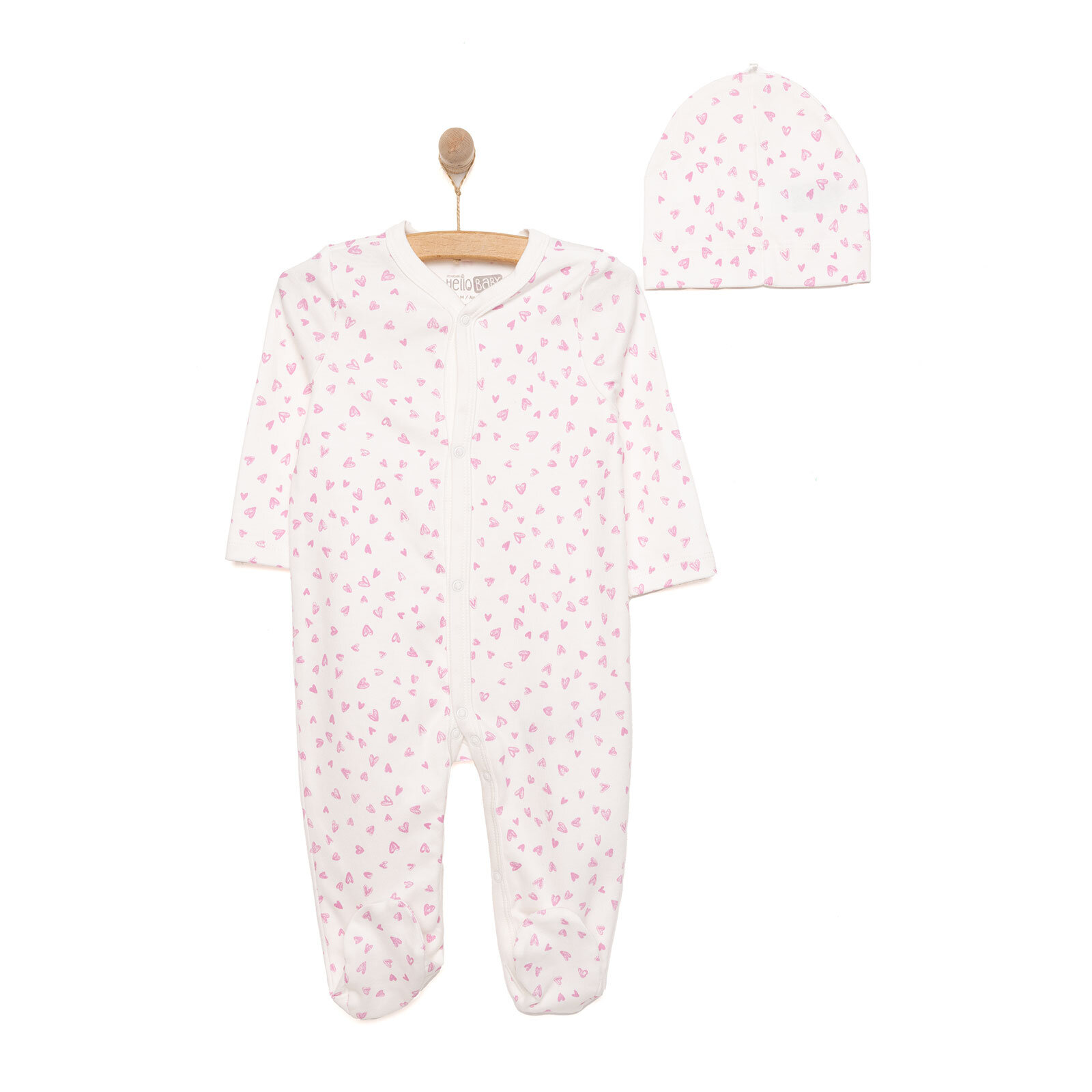 Yenidoğan Kalp Baskılı Kız Tulum-Şapka Kız Bebek