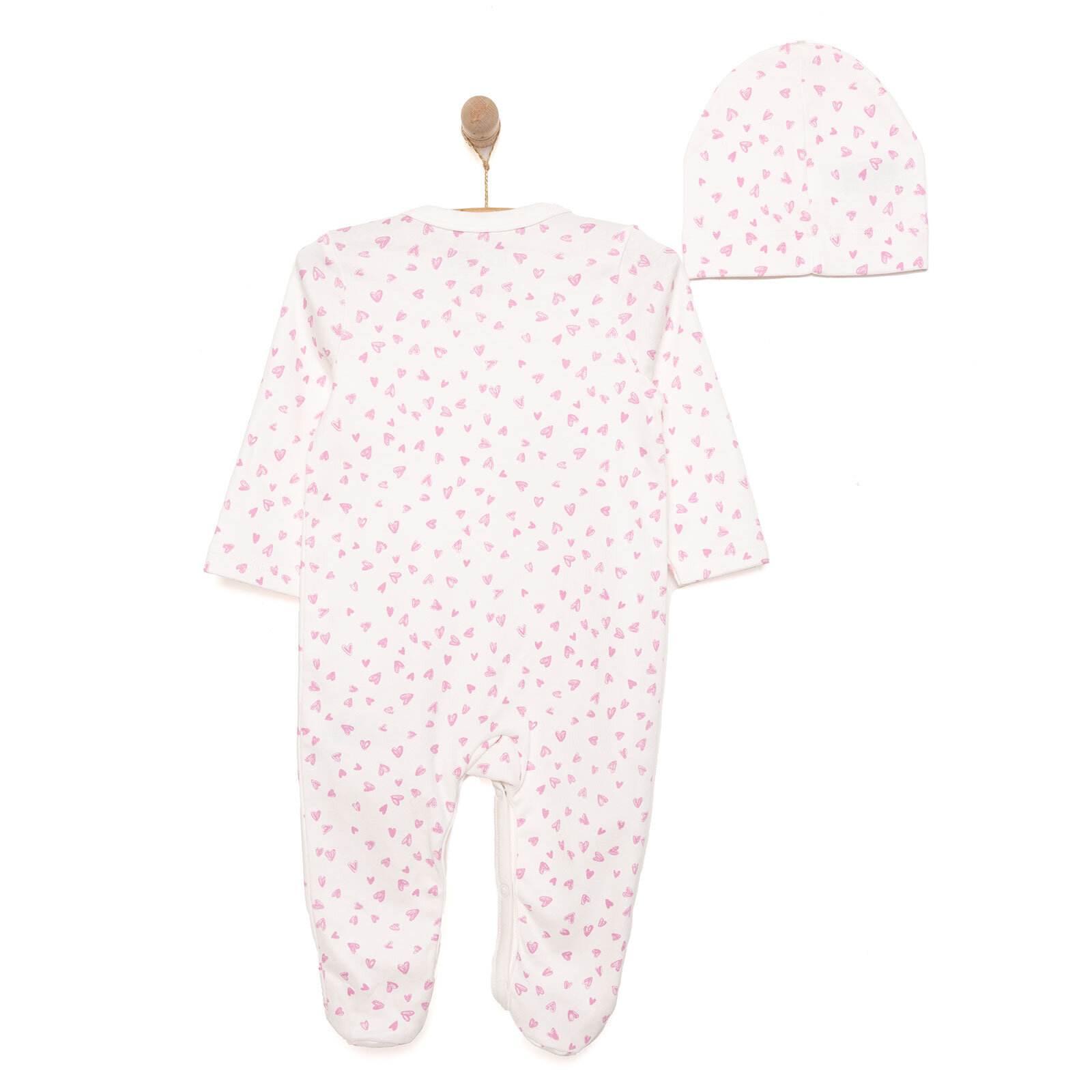 Yenidoğan Kalp Baskılı Kız Tulum-Şapka Kız Bebek