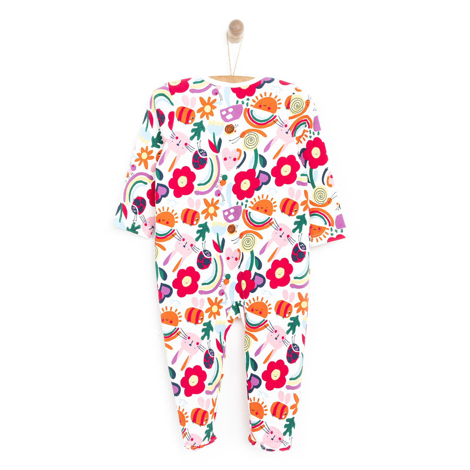 Kız Bebek Yenidoğan Patikli Tulum %100 Pamuk Çiçek Desenli Fermuarlı Bisiklet Yaka Uzun Kol Ekru