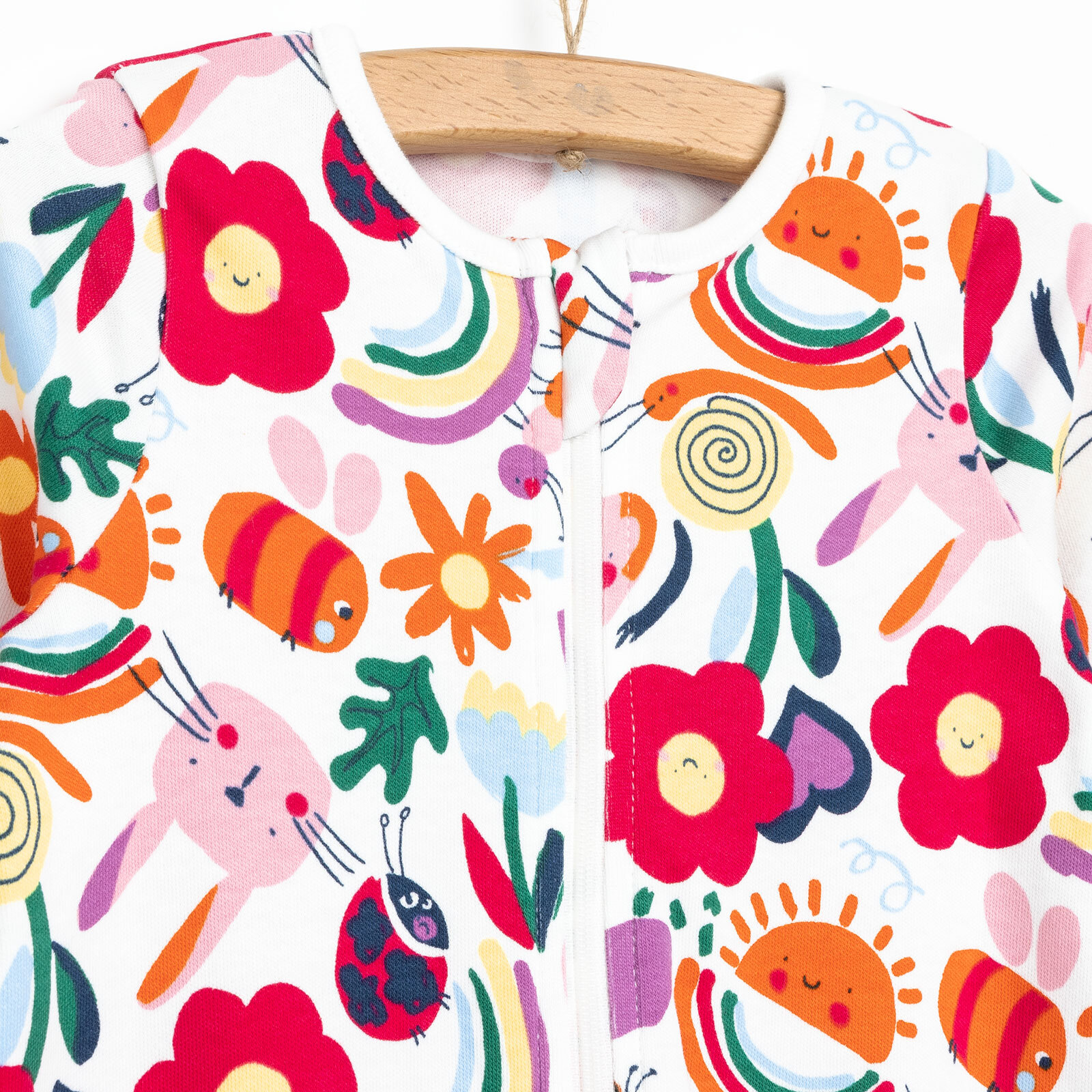 Kız Bebek Yenidoğan Patikli Tulum %100 Pamuk Çiçek Desenli Fermuarlı Bisiklet Yaka Uzun Kol Ekru