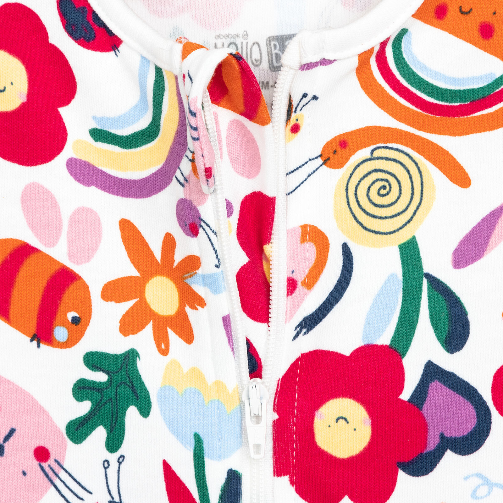 Kız Bebek Yenidoğan Patikli Tulum %100 Pamuk Çiçek Desenli Fermuarlı Bisiklet Yaka Uzun Kol Ekru