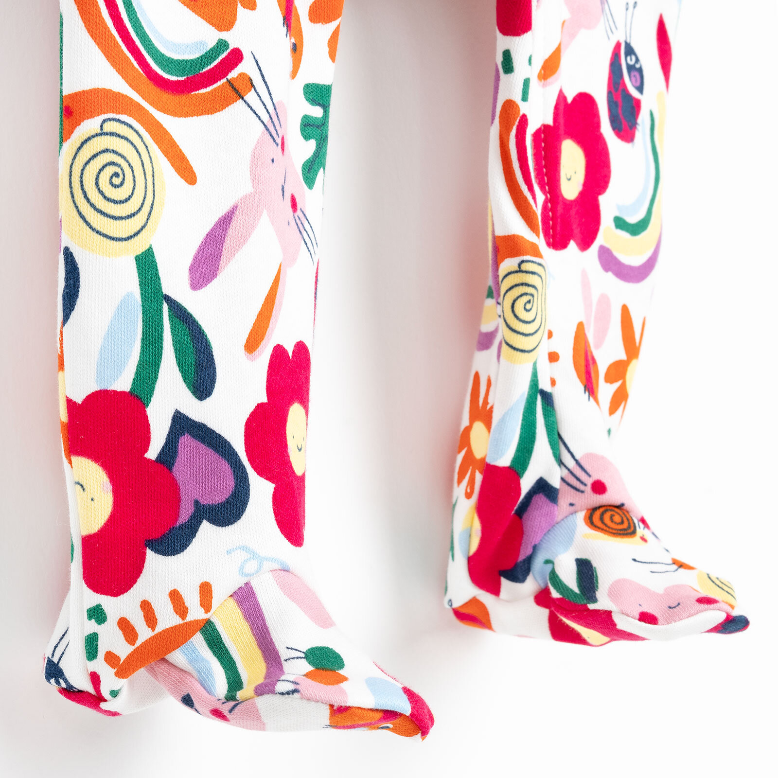 Kız Bebek Yenidoğan Patikli Tulum %100 Pamuk Çiçek Desenli Fermuarlı Bisiklet Yaka Uzun Kol Ekru