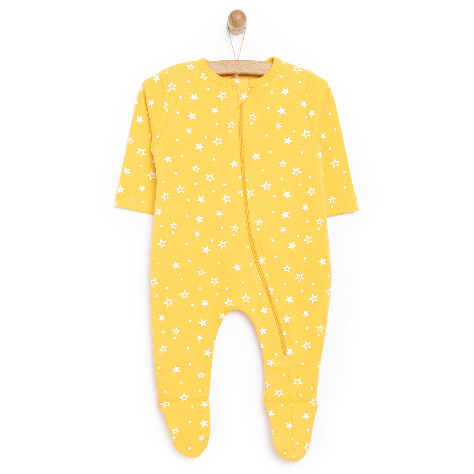 Yenidoğan Kız Patikli Tulum - Fermuarlı %100 Pamuk, Uzun Kollu, Yıldızlı, Sarı 0-9 Ay