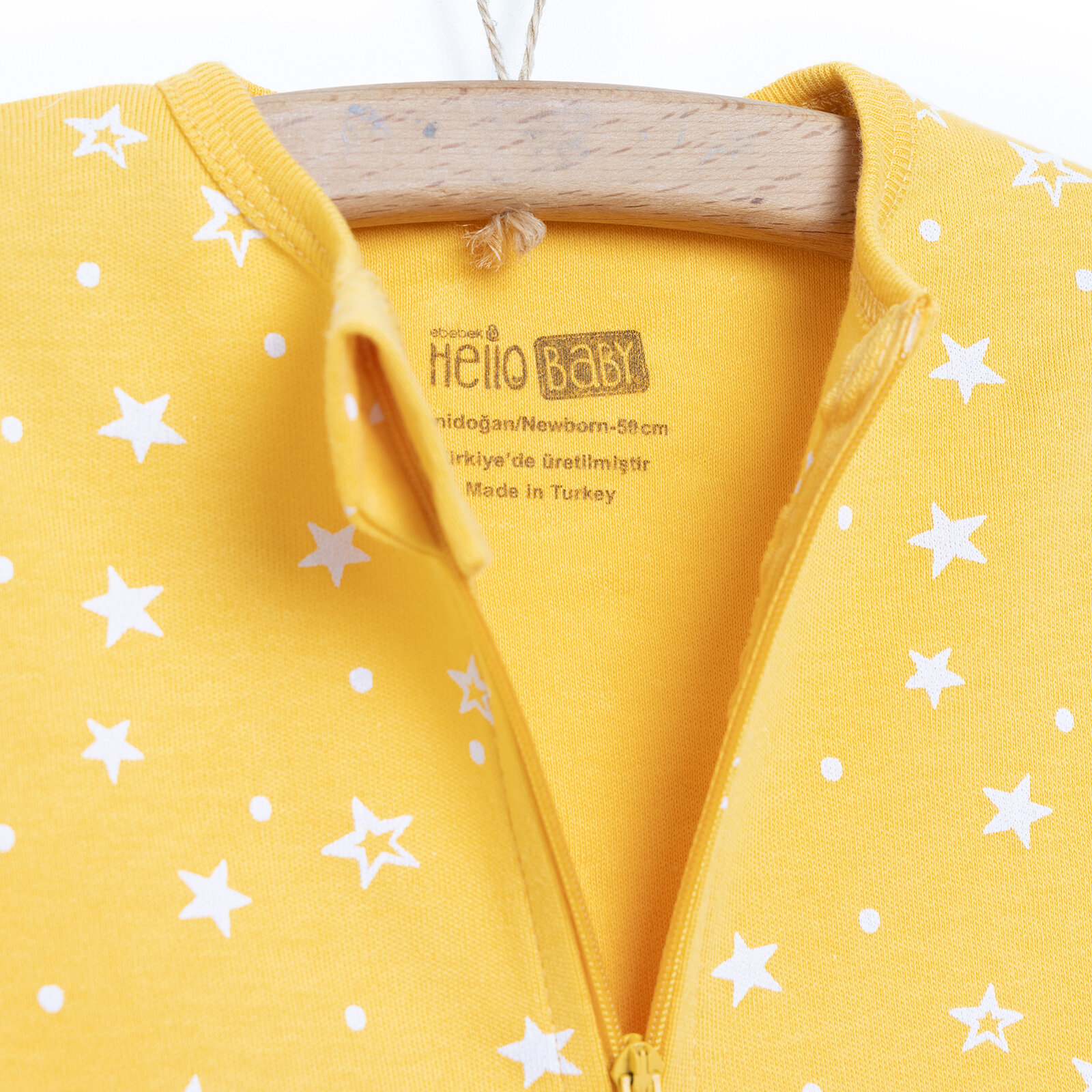 Yenidoğan Kız Patikli Tulum - Fermuarlı %100 Pamuk, Uzun Kollu, Yıldızlı, Sarı 0-9 Ay