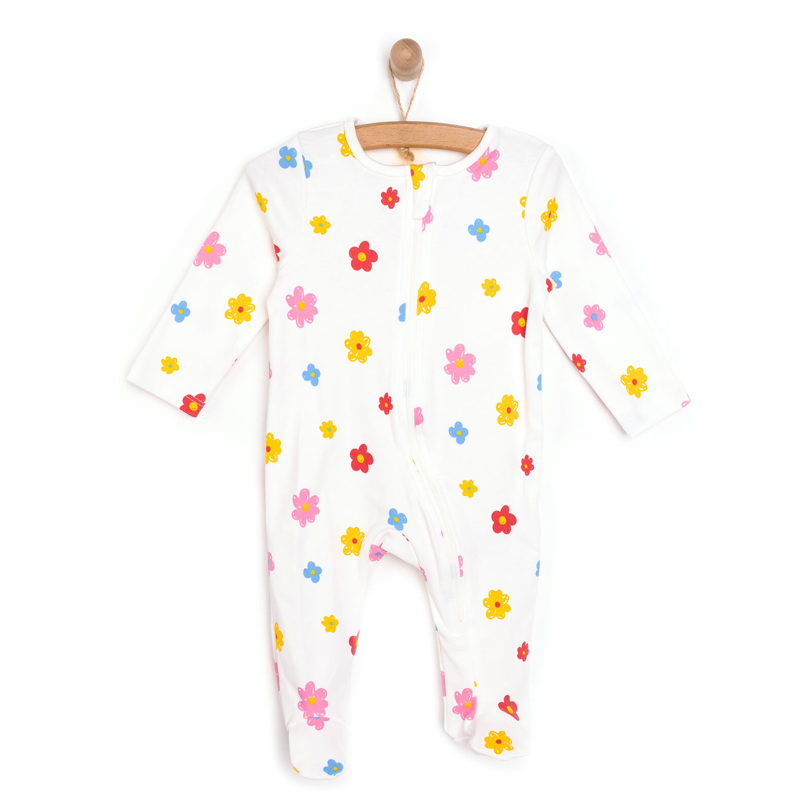 Kız Bebek Yenidoğan Patikli Tulum Çiçek Desenli Fermuarlı Bisiklet Yaka Uzun Kol Mavi