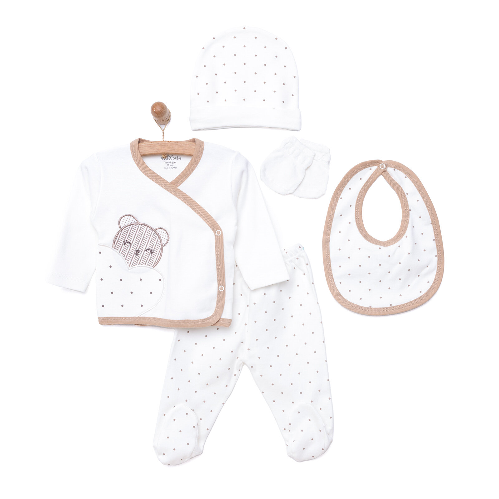 Kız Bebek Yenidoğan 5'li Hastane Çıkışı %100 Pamuk Çıtçıtlı Yaka Uzun Kol Patikli Ekru