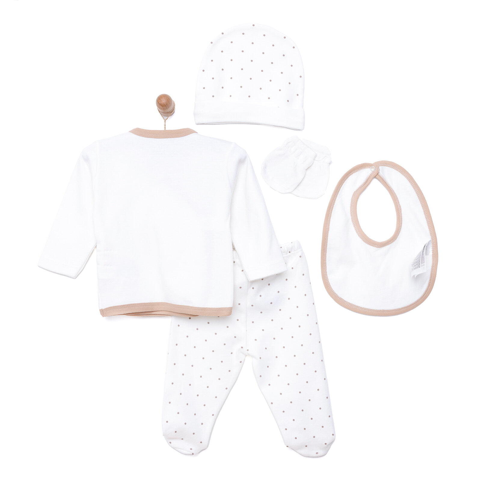 Kız Bebek Yenidoğan 5'li Hastane Çıkışı %100 Pamuk Çıtçıtlı Yaka Uzun Kol Patikli Ekru