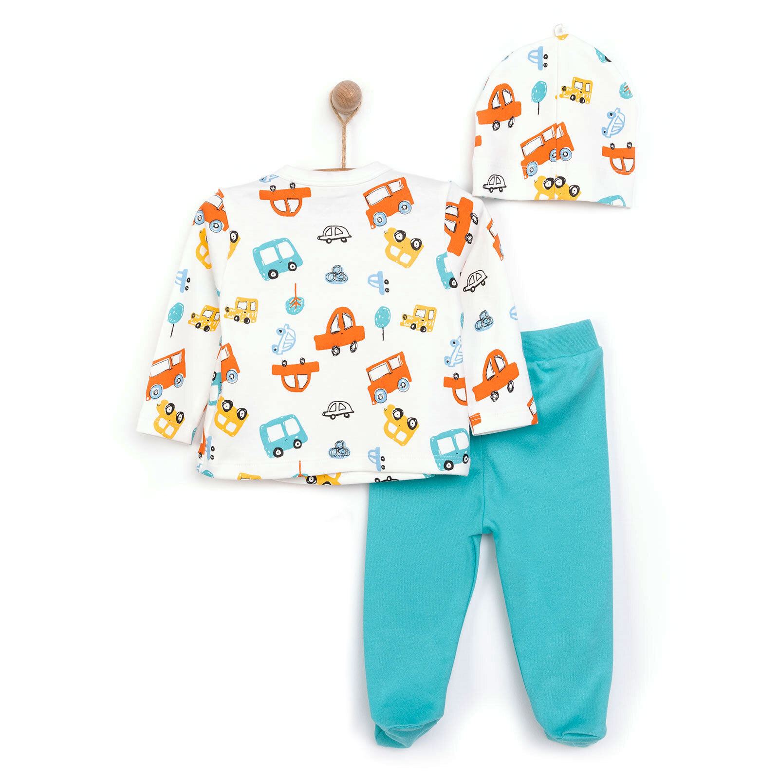 Yenidoğan Zıbın-Şapka-Patikli Alt İnterlok Çıtçıtlı Zarf Yaka Uzun Kol Ekru