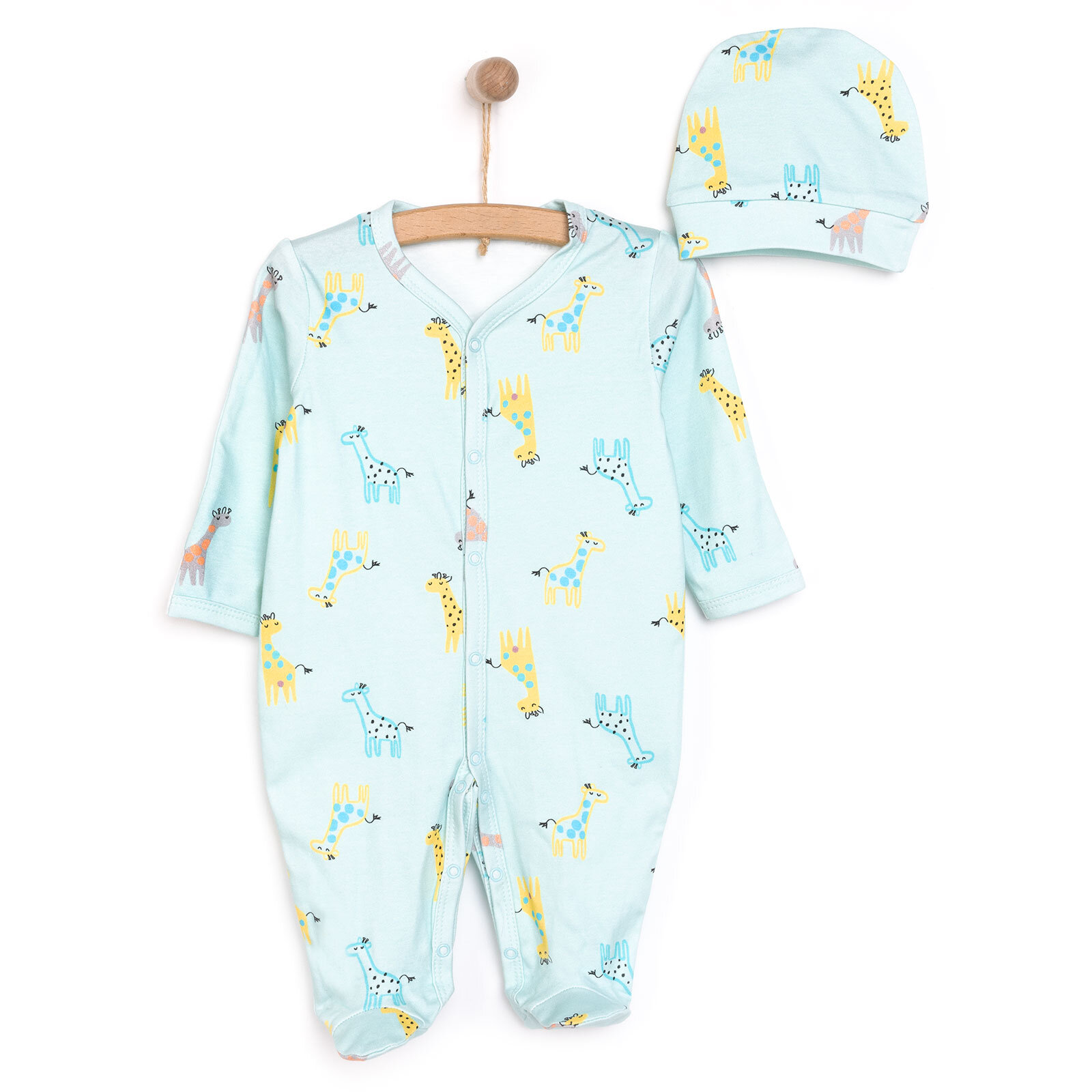Kız Bebek Yenidoğan Tulum Şapka %100 Pamuk Zürafa Baskılı Çıtçıtlı Bisiklet Yaka Uzun Kol Yeşil