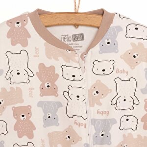 Unisex Uyku Tulum İnterlok Ayı Desen Fermuarlı 1 Tog Uzun Kol Bej