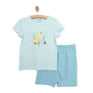 Erkek Bebek  Kısa Kol Şortlu Pijama Takımı Zürafa Desen Bisiklet Yaka Açık Yeşil