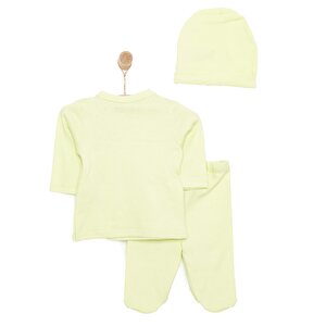 Unisex Bebek Yenidoğan Zıbın Şapka Patikli Alt %100 Pamuk Çıtçıtlı V Yaka Uzun Kol Yeşil