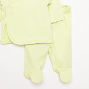 Unisex Bebek Yenidoğan Zıbın Şapka Patikli Alt %100 Pamuk Çıtçıtlı V Yaka Uzun Kol Yeşil