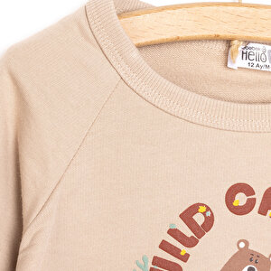 Erkek Bebek Sweatshirt Ayı Desenli Forest Camp Bisiklet Yaka Uzun Kol Kahverengi