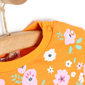 Kız Bebek Sweatshirt Çiçek Desenli Şardonlu Çıtçıtlı Bisiklet Yaka Uzun Kol Desenli